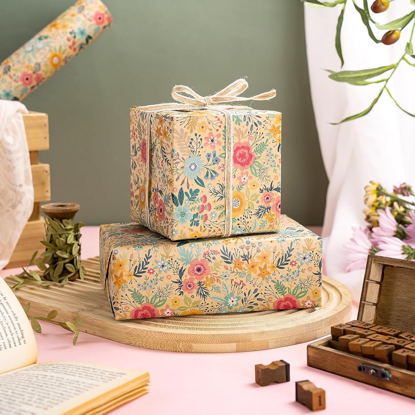 WRAPAHOLIC 30 Inch Jumbo Kraft Floral Wrapping Paper Roll - 30 Inch x 100 Feet Jumbo Roll - Spring Summer Garden Flower Design Perfect for Wedding, Bridal Shower, Birthday