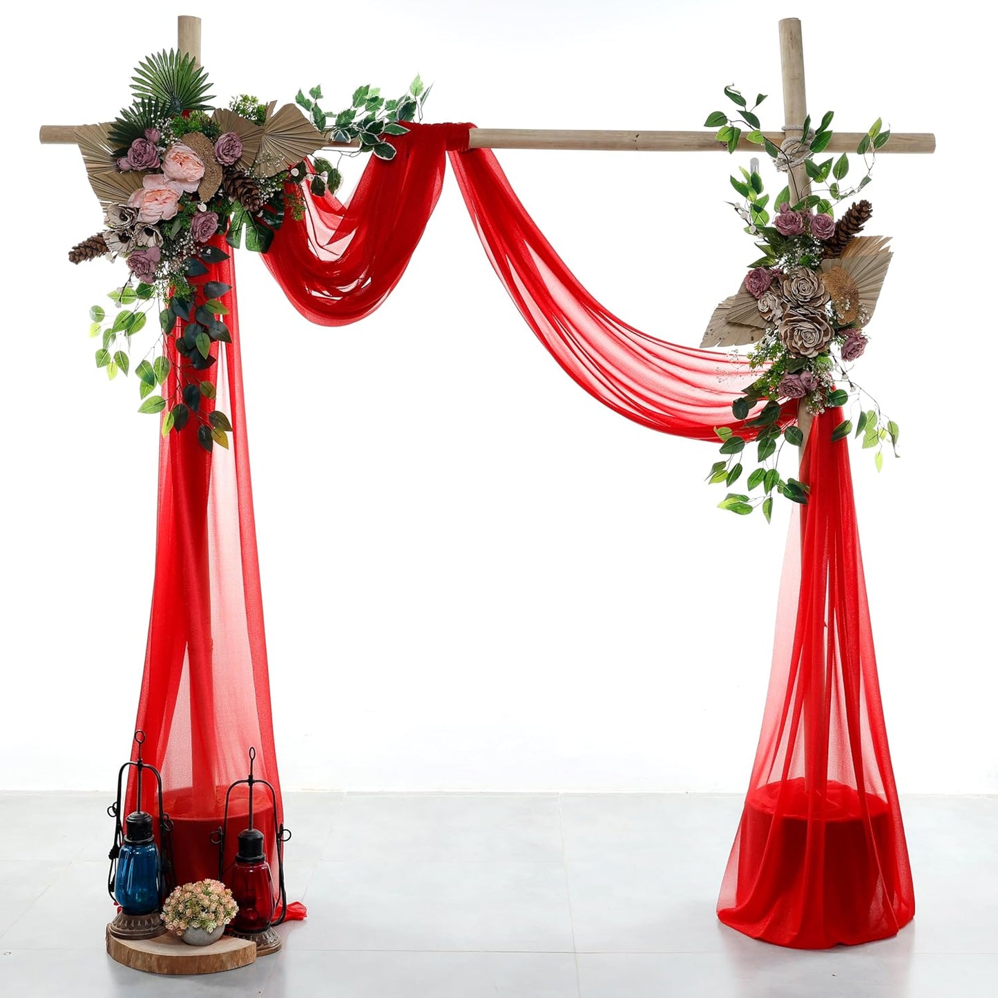 VDS Pack of 2 Panel (30 Inch X 30 Feet) Wedding Arch Draping Fabric Sheer Chiffon Fabric Drapery for Wedding Ceremony Reception Swag Backdrop Canopy Chuppah ARBO Altars Decoration (Red)