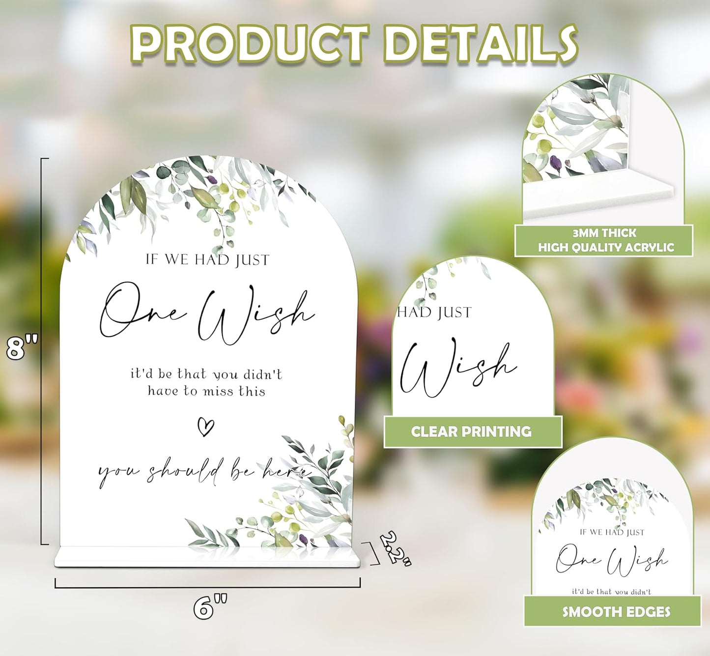 Greenery Wedding Memorial Sign, 6 x 8 Inch White Arch Acrylic Wedding Sign with Holder, Wedding Sign for Ceremony and Reception, Wedding Decoration, Wedding Supplies - LY10