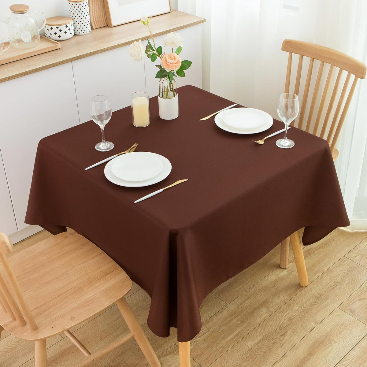 2 Pack Square Table Cloth 52X52 Inch Chocolate Washable Fabric Tablecloth Polyester Solid Dining Table Cover for Birthday Party Dinner Holiday Outdoor Indoor