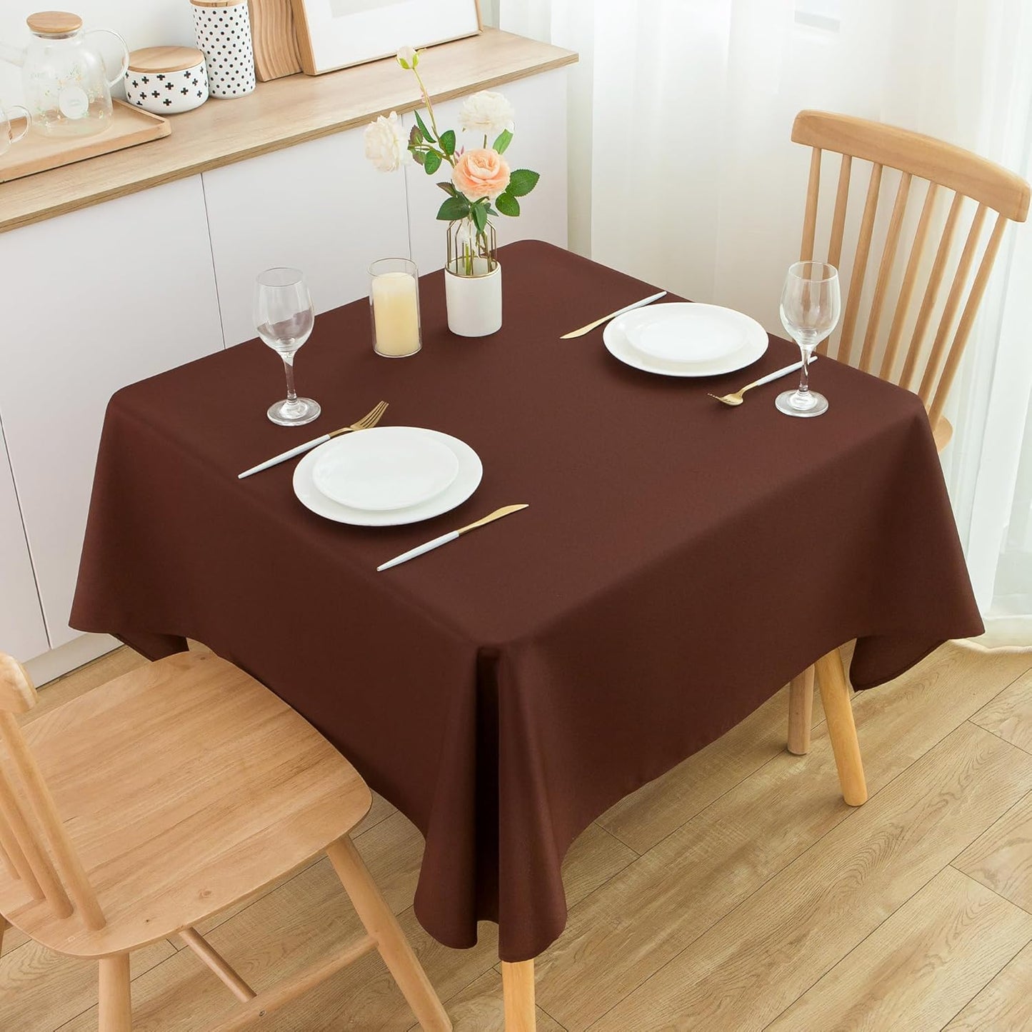 2 Pack Square Table Cloth 48X48 Inch Chocolate Washable Fabric Tablecloth Polyester Solid Dining Table Cover for Birthday Party Dinner Holiday Outdoor Indoor