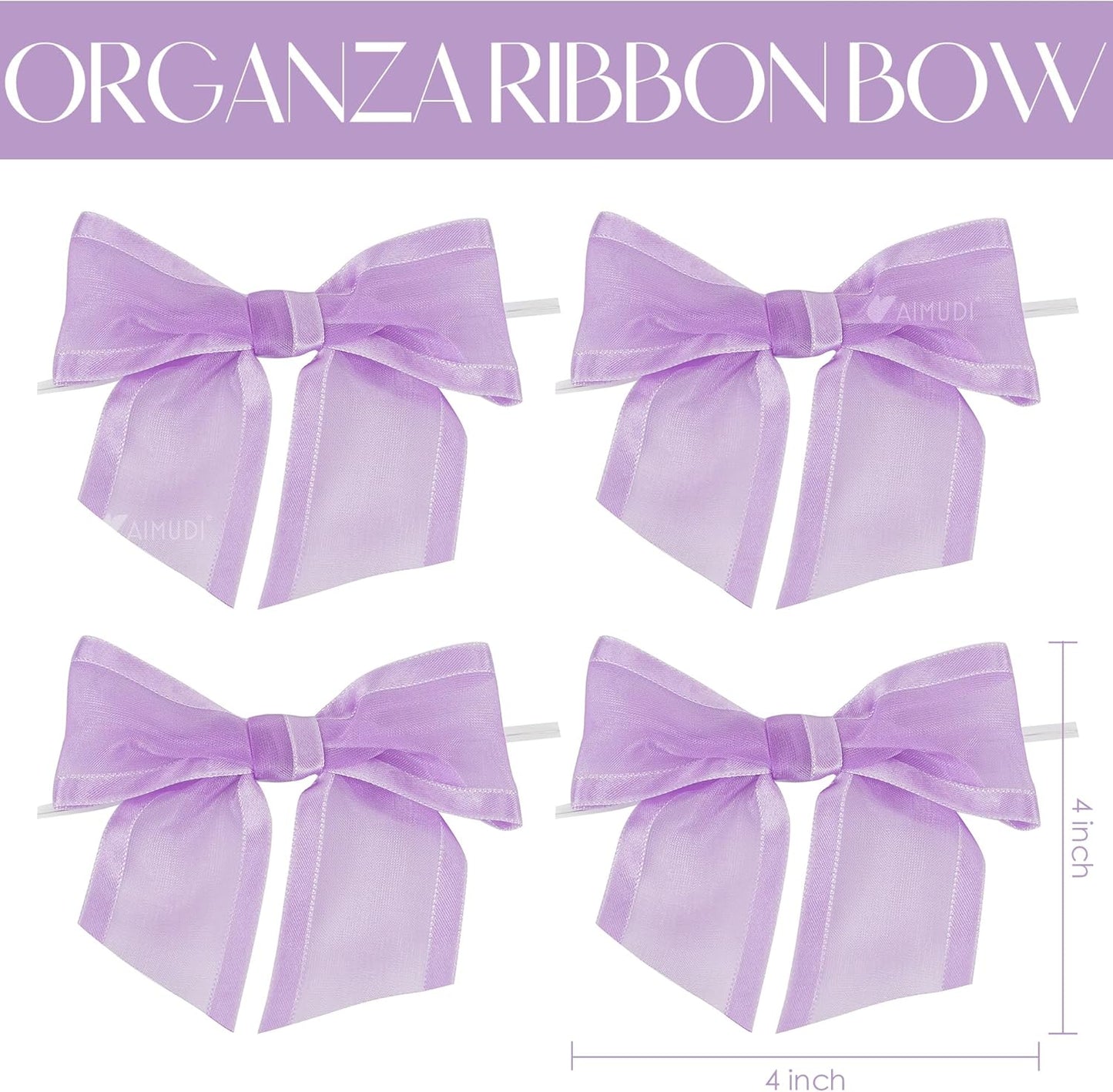 AIMUDI Purple Bows for Crafts 4" Lavender Bows with Twist Ties Premade Lilac Bows Pre Tied Organza Bows for Treat Bags, Easter's Day, Cake Pop,Gift Wrapping,Baby Shower,Wedding Favor -12 Counts