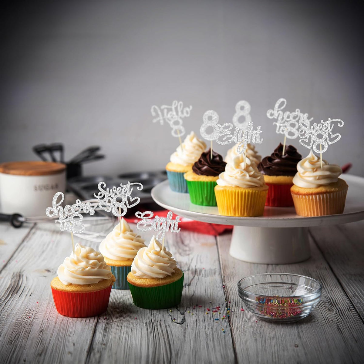 30Pcs 8th Birthday Cupcake Toppers Glitter Eight Hello 8 Cupcake Picks Cheers to 8 Years Old Cake Decorations for 8th Birthday Party Supplies Silver