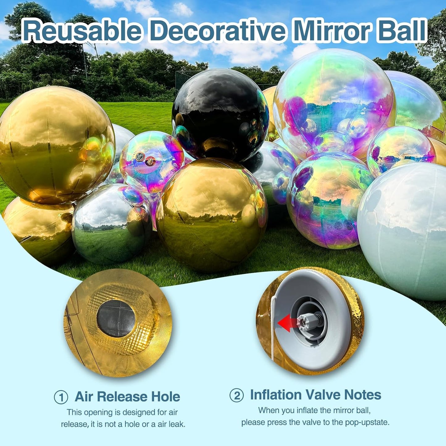 2PCS 39.4in Silver Inflatable Mirror Ball, Big Shinny Balls Reusable Large PVC Disco Ball Balloon for Large Event Decoration, Party, Concerts, Stage, Wedding Decor, Without Air Pump