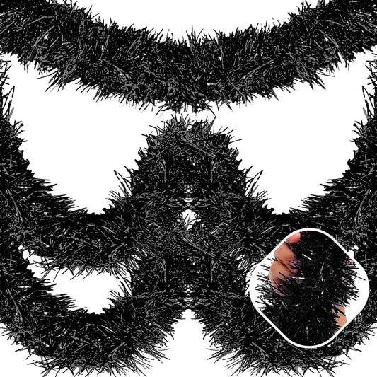 50 Feet Black Christmas Tinsel Garland, Metallic Foil Twist Garland Wall Hanging Tinsel Banner Backdrop for Parade Floats, Easter, Mother's Day, Wedding Party Decorations (2in x 50ft)