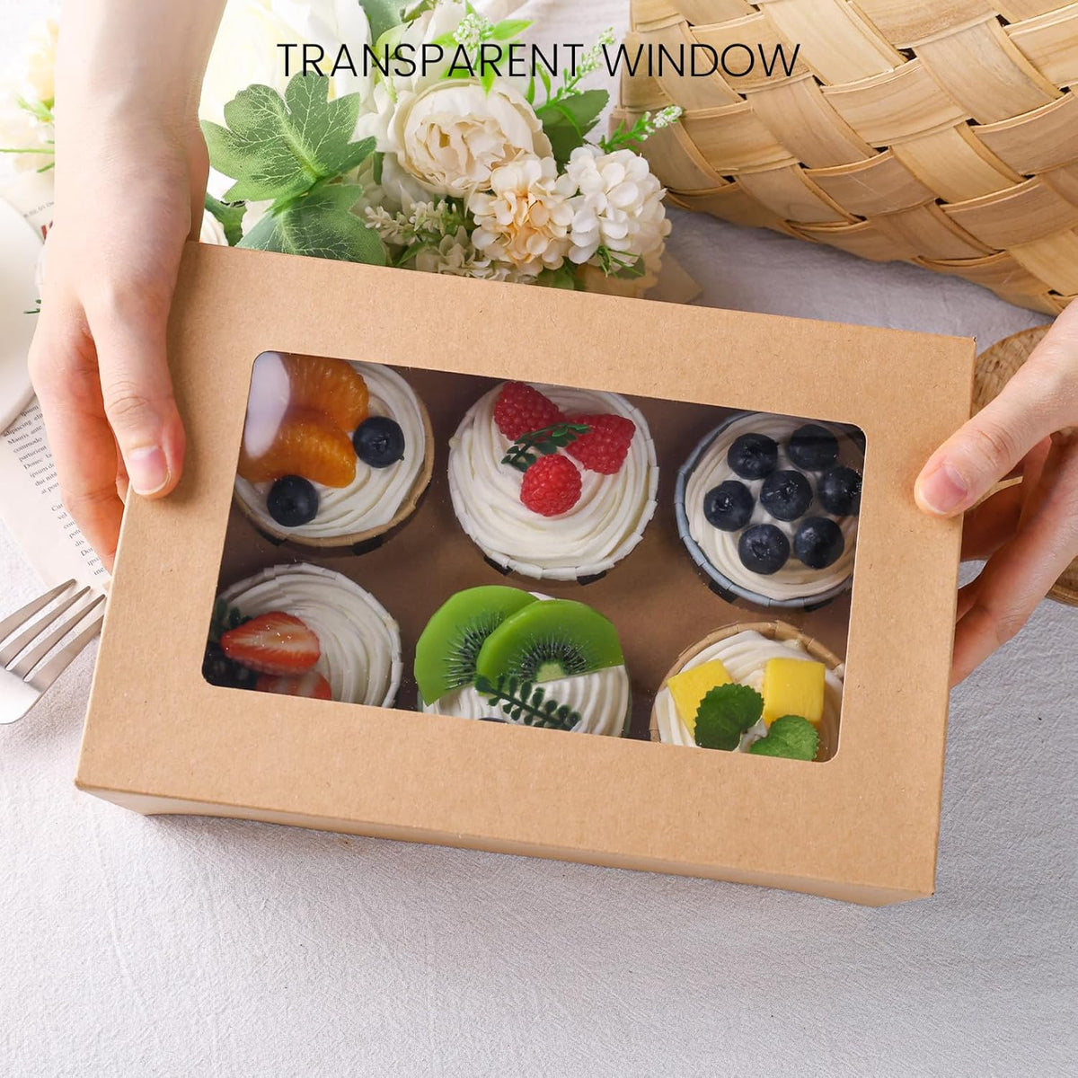 HANSGO 6 PCS Cupcake Boxes, 9.5x6.3x3.5 Inch Cupcake Containers Brown Pastry Boxes with Inserts 6 Holders for Muffins Pastry Strawberry, Party Supplies