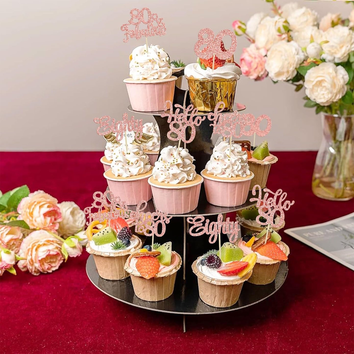 30Pcs Happy 80th Birthday Cupcake Toppers Eighty Cheers to 80 Years Old Birthday Cupcake Picks for Happy 80th Birthday Anniversary Party Cake Decorations Rose Gold Glitter
