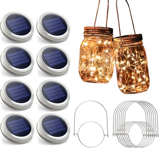 Urvoix Solar Mason Jar Lights - 8 Pack 30 Led Waterproof Jar Lids String Lights with 8 Handle (Jars Not Included), Perfect for Outdoor Garden Backyard Decorations