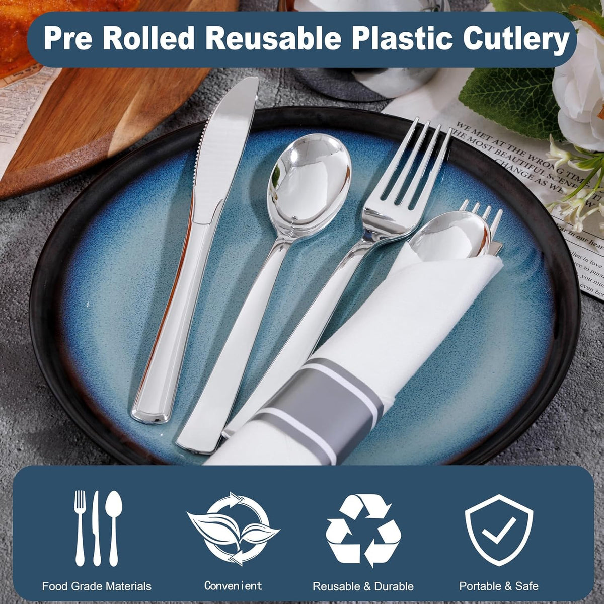400PCS Pre Rolled Silver Plastic Silverware Sets - Heavy Duty Silver Cutlery - Include 100 Pack Wrapped Disposable Utensils with Napkins for Parties & Dinners & Weddings