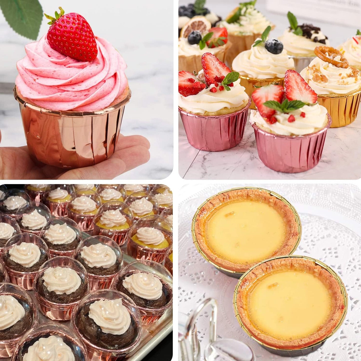 Cupcake Liners for Baking 100Pack,Free-Air 3.5Oz Foil Baking Cups with Dome Lids,Disposable Muffin Tins Muffin Cups for Wedding Birthday Party, with Spoons-Pink in gold