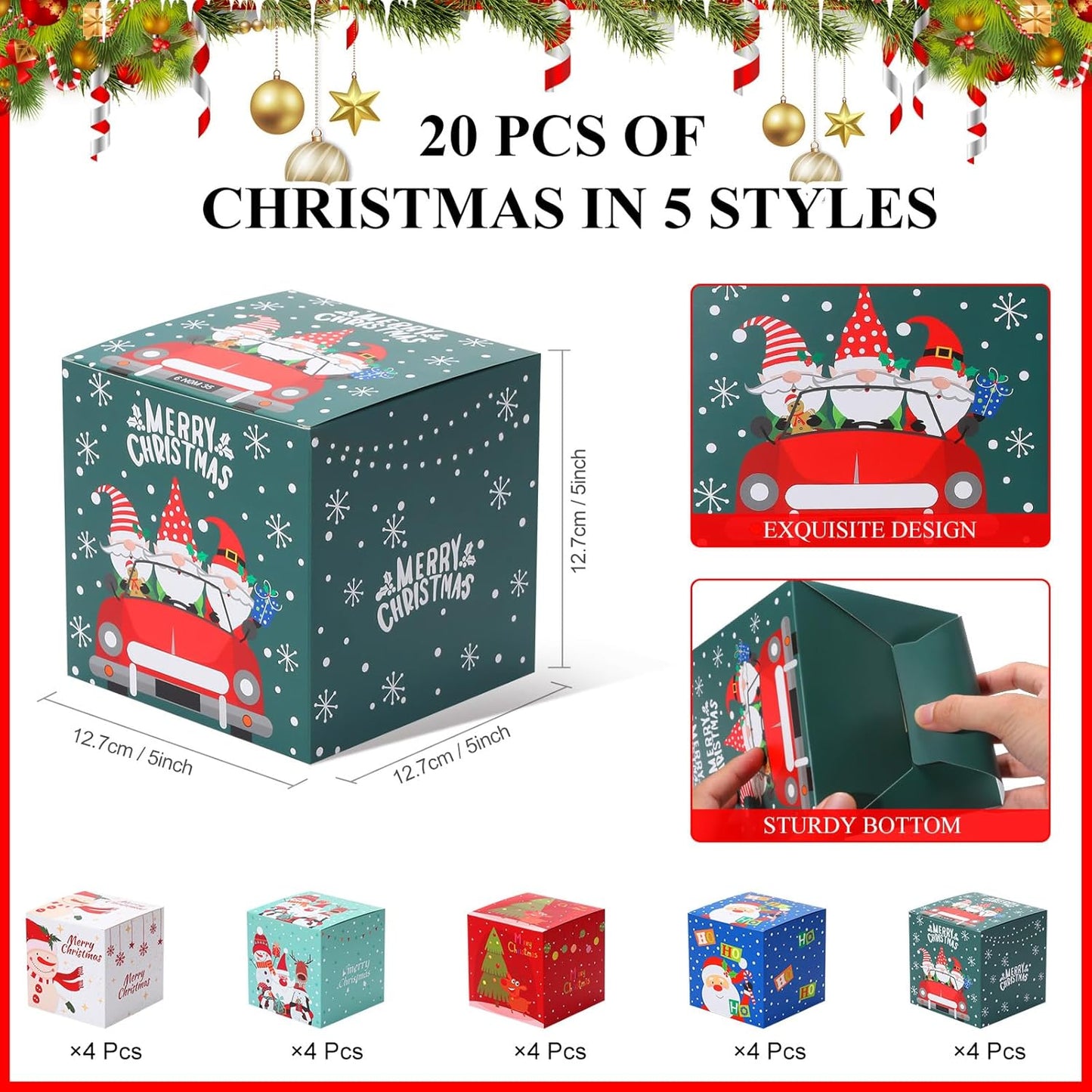 COTOPHER 20 Pcs Christmas Gift Boxes, 5" x 5" x 5" Xmas Candy Boxes for Gift Giving, Paper Treat Ornament Gift Box Decorative Christmas Goodie Box for School Home Holiday Party Favors Supplies