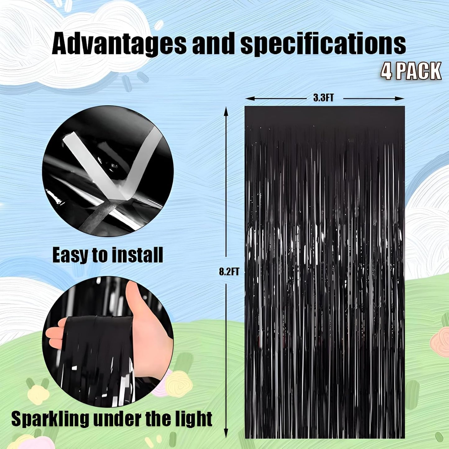 Keyali 4 Pack 3.3 * 8.3 ft Foil Curtain Metallic Tinsel Fringe Curtains Photo Booth Props Backdrop for Birthday Wedding Engagement Baby Shower Christmas Holiday Celebration Partyl,Black