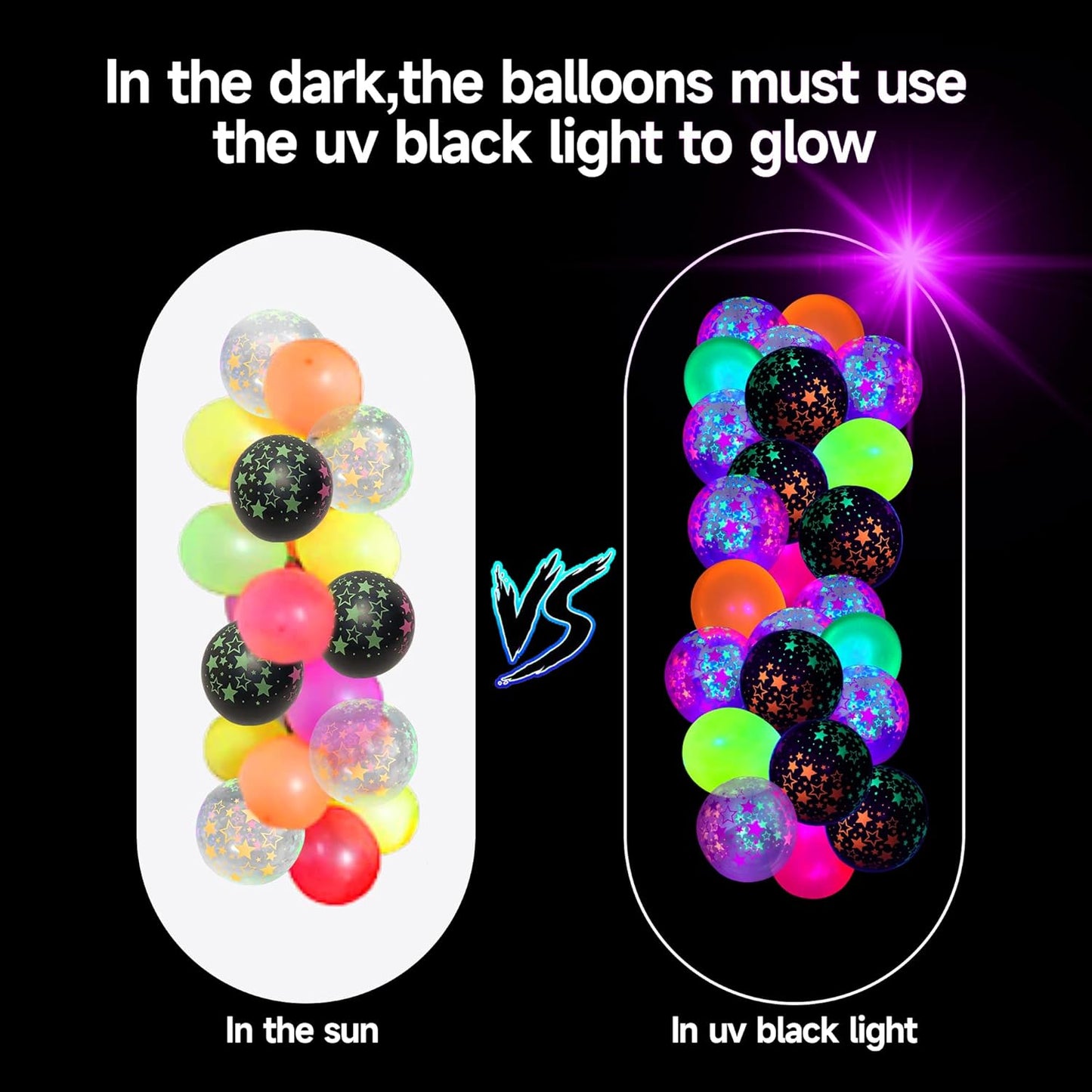 90 Pcs UV Neon Balloons ,Neon Stars Glow Party Black Light in the dark for Birthday Decorations Wedding Supplies Blacklight Carnival Reactive Fluorescent