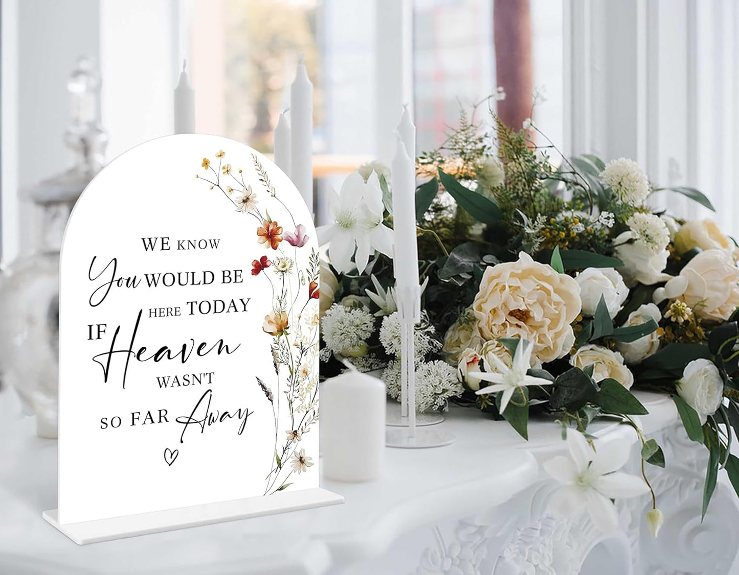 Boho Floral Wedding Memorial Sign, 6 x 8 Inch White Arch Acrylic Wedding Sign with Holder, Wedding Decoration, Wedding Supplies