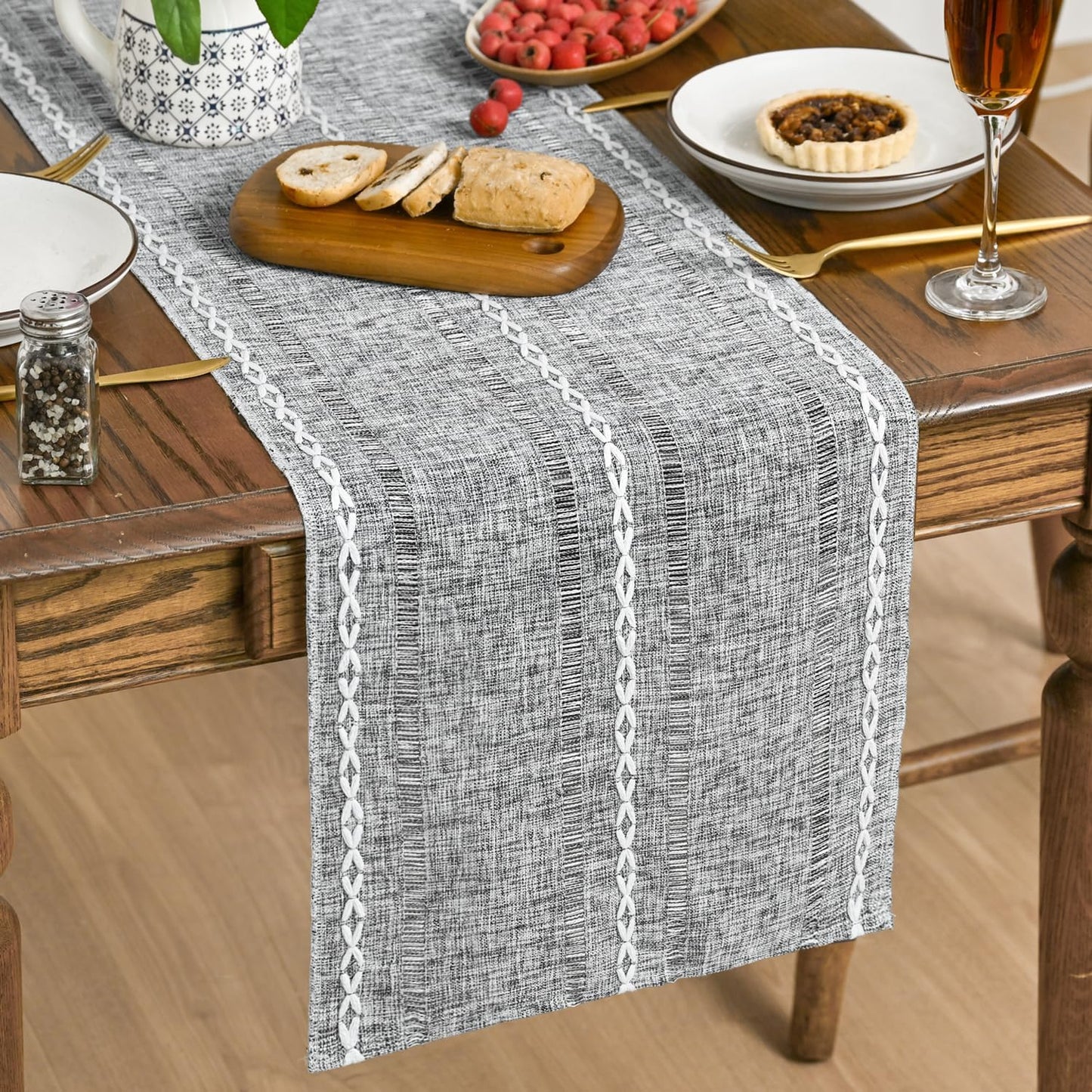 Artoid Mode Dark Grey Rustic Cotton Linen Table Runner, Seasonal Embroidered Hollow Kitchen Dining Table Decoration for Home Party Decor 13x108 Inch