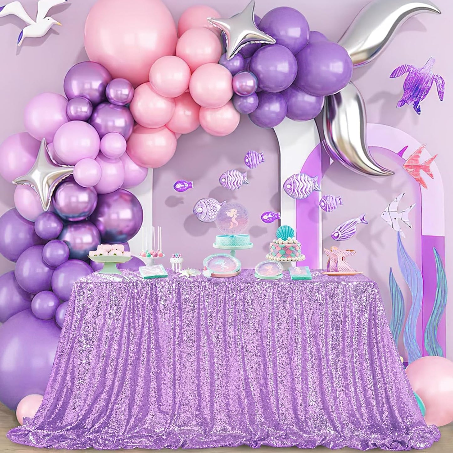 QueenDream Sequin Tablecloth 90"x132" Lavender Party Tablecloth Rectangular Seamless Sequin Table Cloth Overlay Glitter Wedding Birthday Bridal Shower Decoration