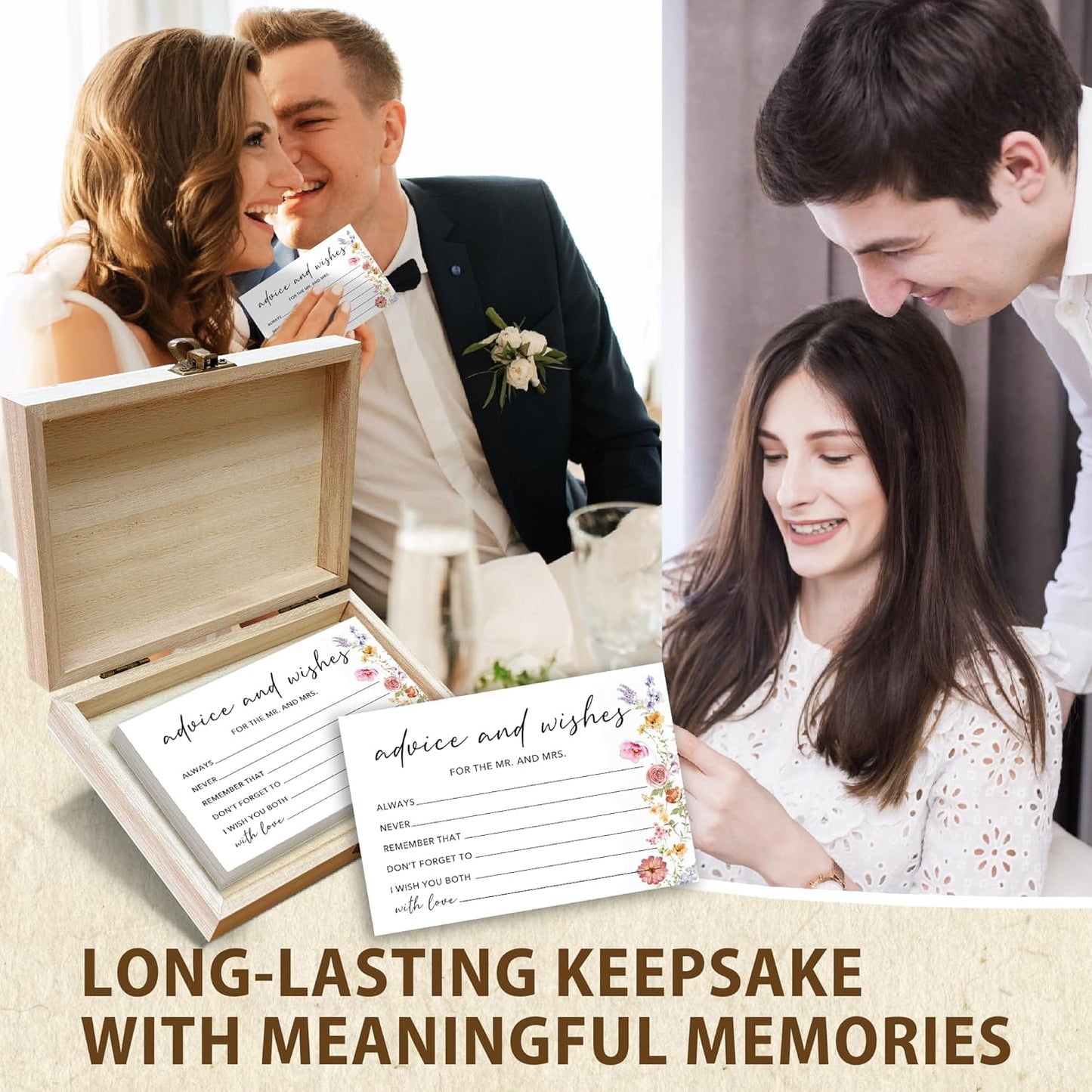 50 Pcs Advice and Wishes for the Mr and Mrs Cards in Box - Bridal Shower Guest Book - Perfect for Newlywed Games, Reception Decor, Engagement Parties & Anniversary Wishes(Wildflower) - B06