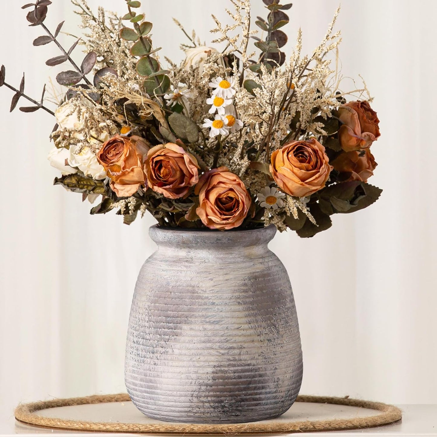 Ceramic Flower Vase, 7.48" Rustic Vases Home Decor Farmhouse Vintage Pampas Decorative Pottery Clay Vases for Table Living Room Bookshelf Entryway Kitchen Bathroom Bedroom