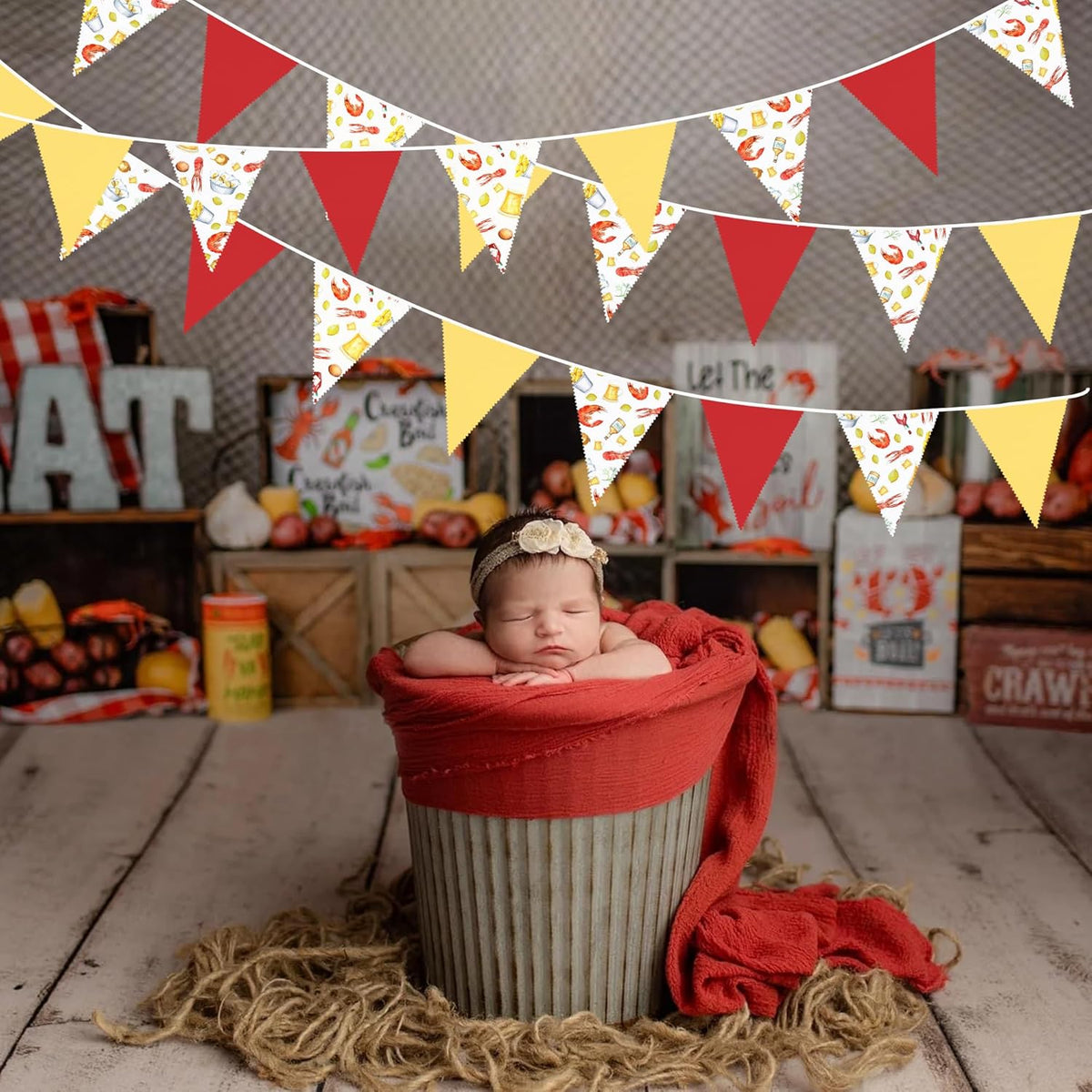 32Ft Crawfish Boil Party Decorations Red Yellow Beer Crawfish Pennant Banner Fabric Triangle Flag Garland Streamers for Lobster Birthday Shrimp Seafood Boil Baby Shower Barbecue Party Decor Supplies
