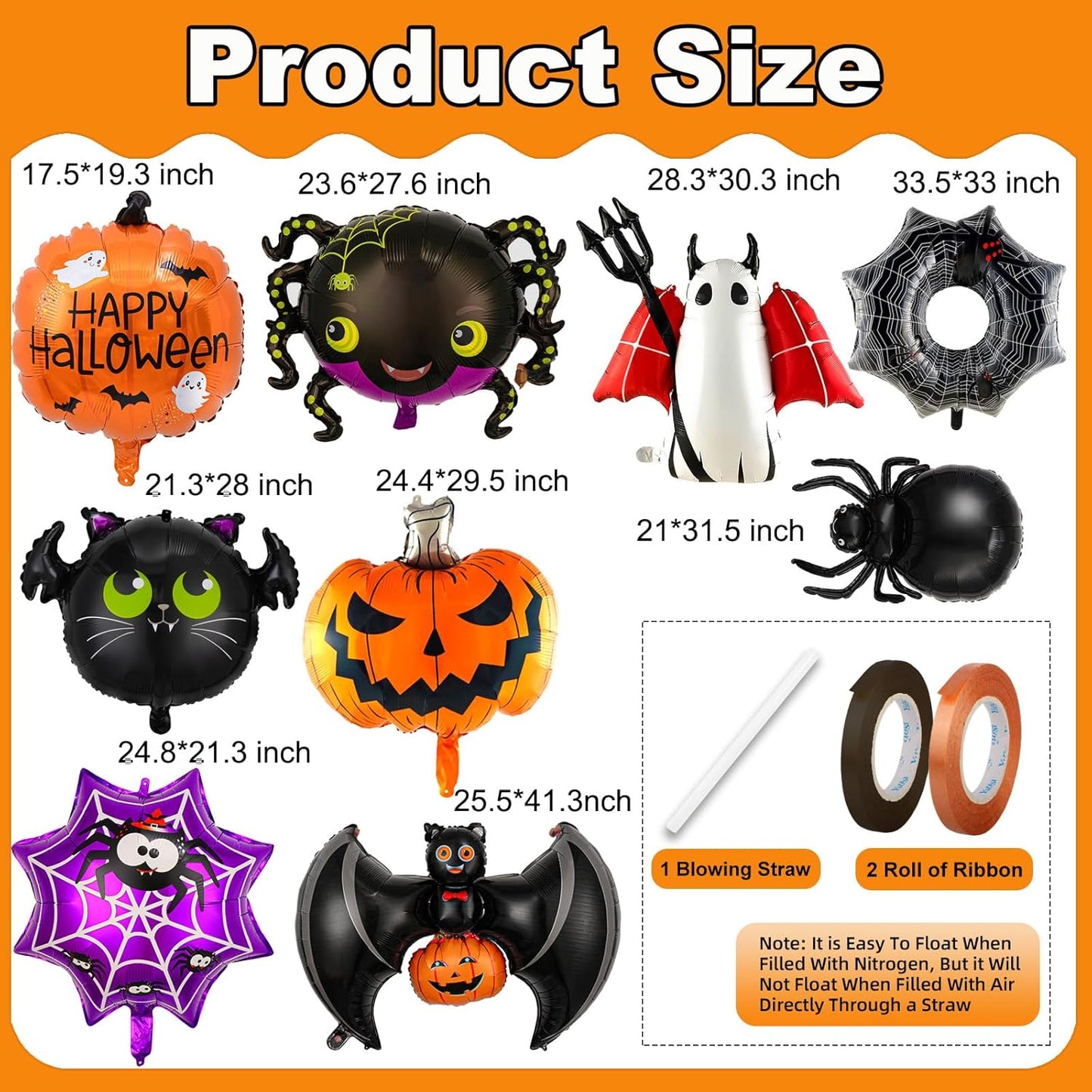 Halloween Balloons Set - 9Pcs Foil Ghost, Spider, Pumpkin & Bat Balloons for Scary Party Decorations, Indoor Outdoor Halloween Party Supplies, Haunted House, Trick or Treat (Style-1)