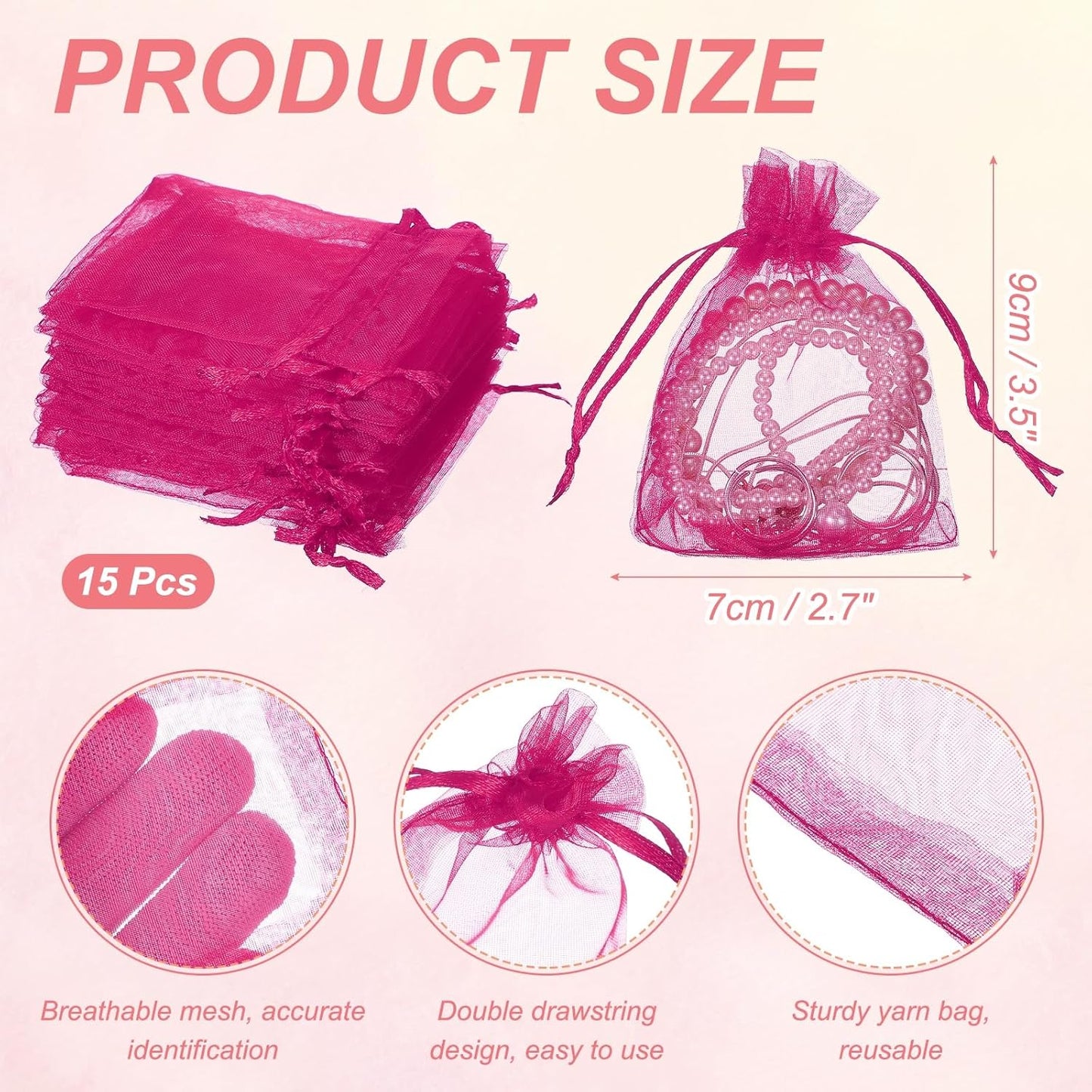 uxcell 50 Pcs Organza Gift Bags, 2.7x3.5 Inch Drawstring Pouches Jewelry Gift Bags, Small Wedding Favor Pouches for Christmas Birthday Wedding Goodie Candy Candle, Rose Red