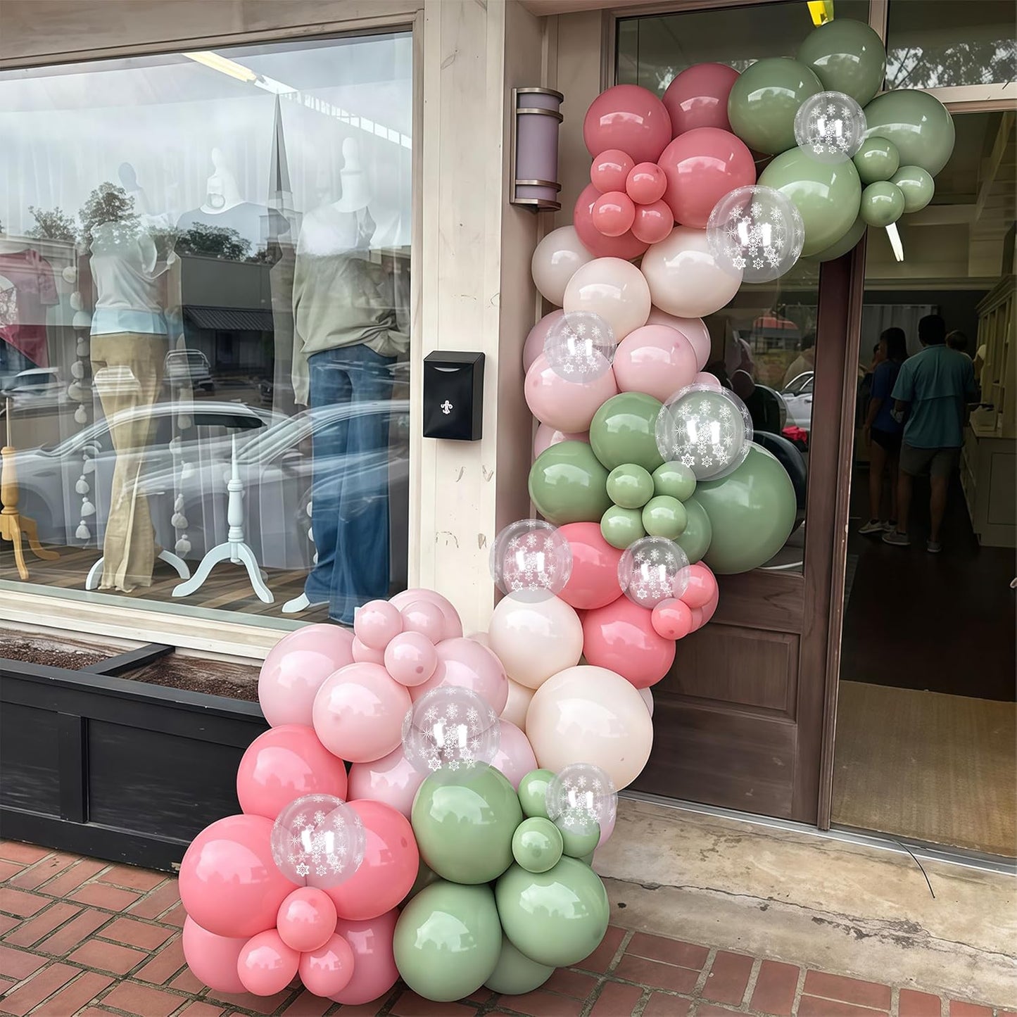 Pink and Green Balloons 60pcs, 12 Inch Sage Olive Green Dusty Light Pink Sand White Snowflake Balloons for Boho Bridal Shower Wedding Ice Winter Theme Birthday Baby In Bloom Baby Shower Decorations