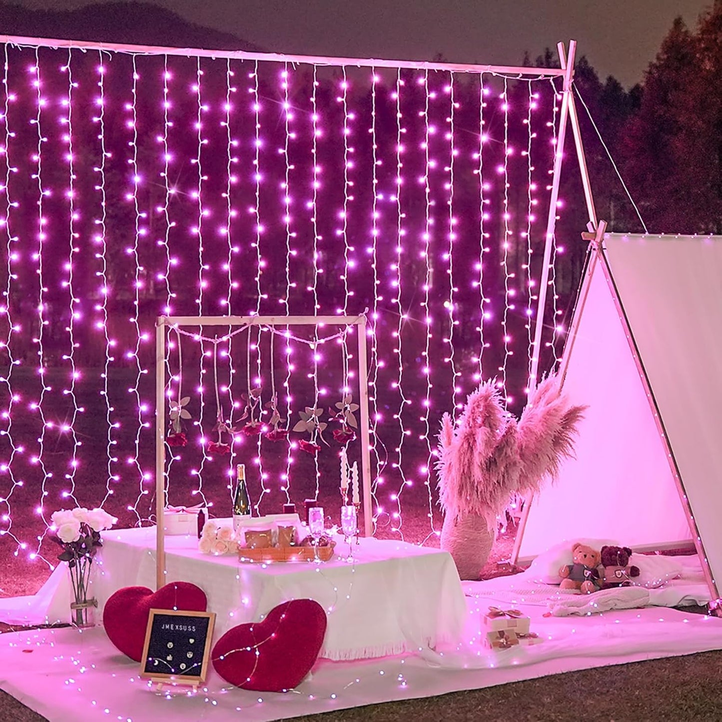 JMEXSUSS 300 LED Curtain Lights Plug in with Remote, 9.8X9.8FT Pink Christmas Lights Indoor, 8 Modes Pink String Lights for Bedroom Window Wall Party Backdrop Xmas Valentine Decorations