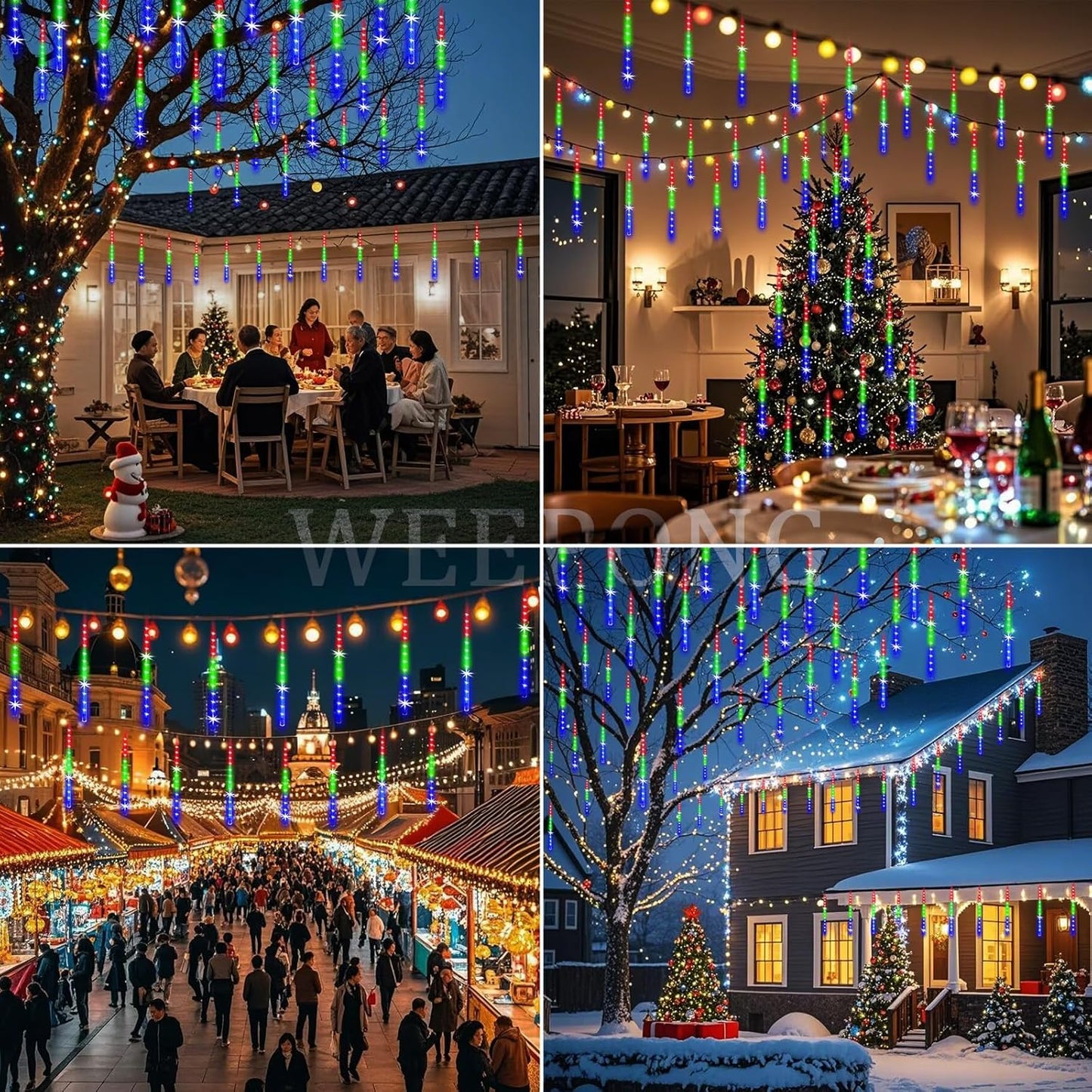 Meteor Shower Lights UL Certified 192LEDs 8 Tubes Falling Rain Drop Christmas Icicle Cascading Lights for Xmas Tree Halloween Decorations Wedding Party Holiday Garden Decor, Multicolor