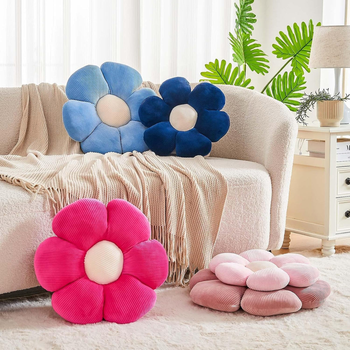 Dusty Blue Flower Pillow, 14.9" Cute Flower Shaped Floor Pillow, Aesthetic Floral Plush Daisy Decorative Throw Pillows for Bed Sofa Couch