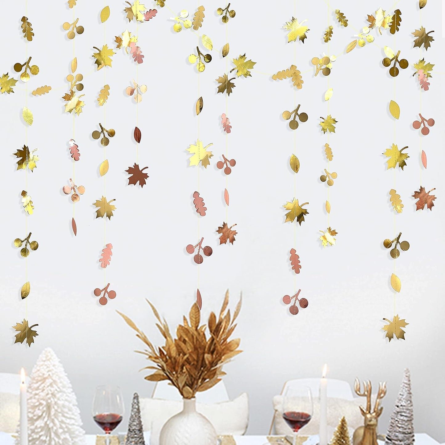 52Ft Fall Party Decorations Maple Leaf Garland Streamer Champagne Rose Gold Gradient Autumn Leaves Paper Banner for Thanksgiving Harvest Birthday Wedding Bridal Shower Engagement Party Decor