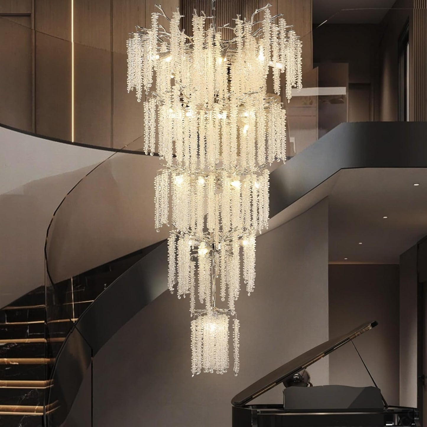 YUYI 118'' Modern Crystal Chandelier, Silver Chandelier for Entryway, Large Tree Branch Chandeliers for High Ceilings, Staircase, Foyer, Living Room, 28-Light 5-Tier Hanging Light Fixture