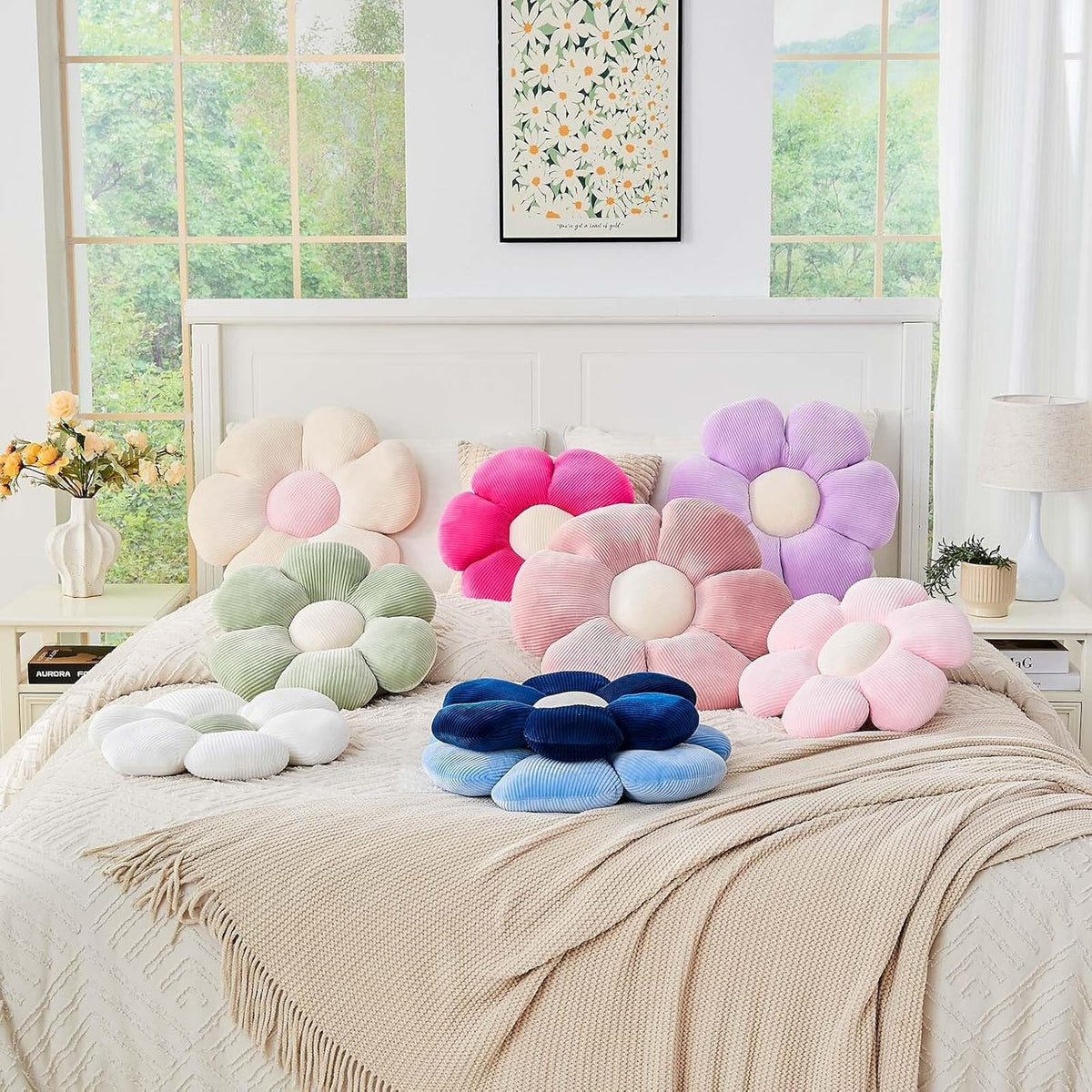 White Flower Pillow, 19.6" Cute Flower Shaped Floor Pillow, Aesthetic Floral Plush Daisy Decorative Throw Pillows for Bed Sofa Couch