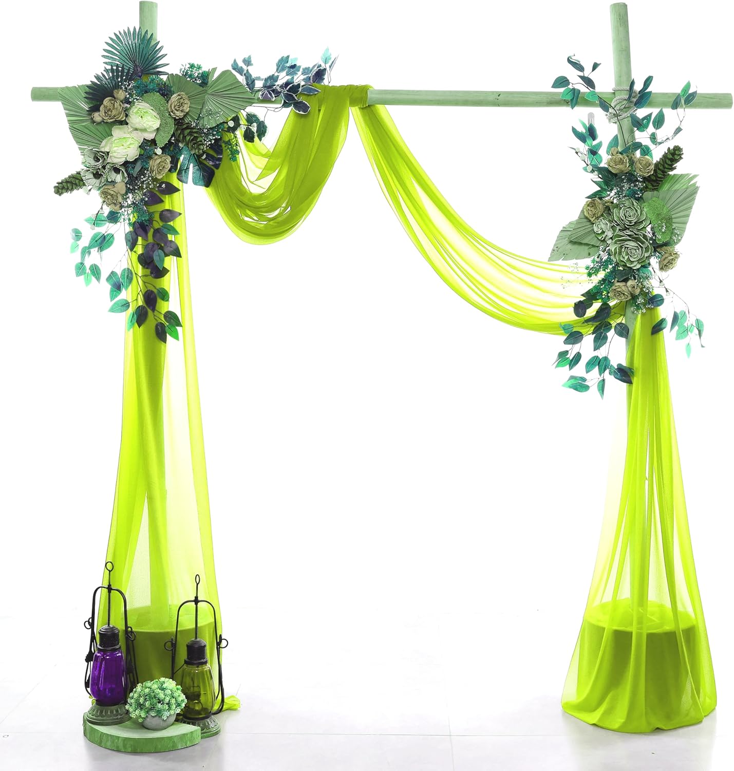 VDS Pack of 3 Panel (30 Inch X 20 Feet) Wedding Arch Draping Fabric Sheer Chiffon Fabric Drapery for Wedding Ceremony Reception Swag Backdrop Canopy Chuppah ARBO Altars Decoration (Parrot Green)