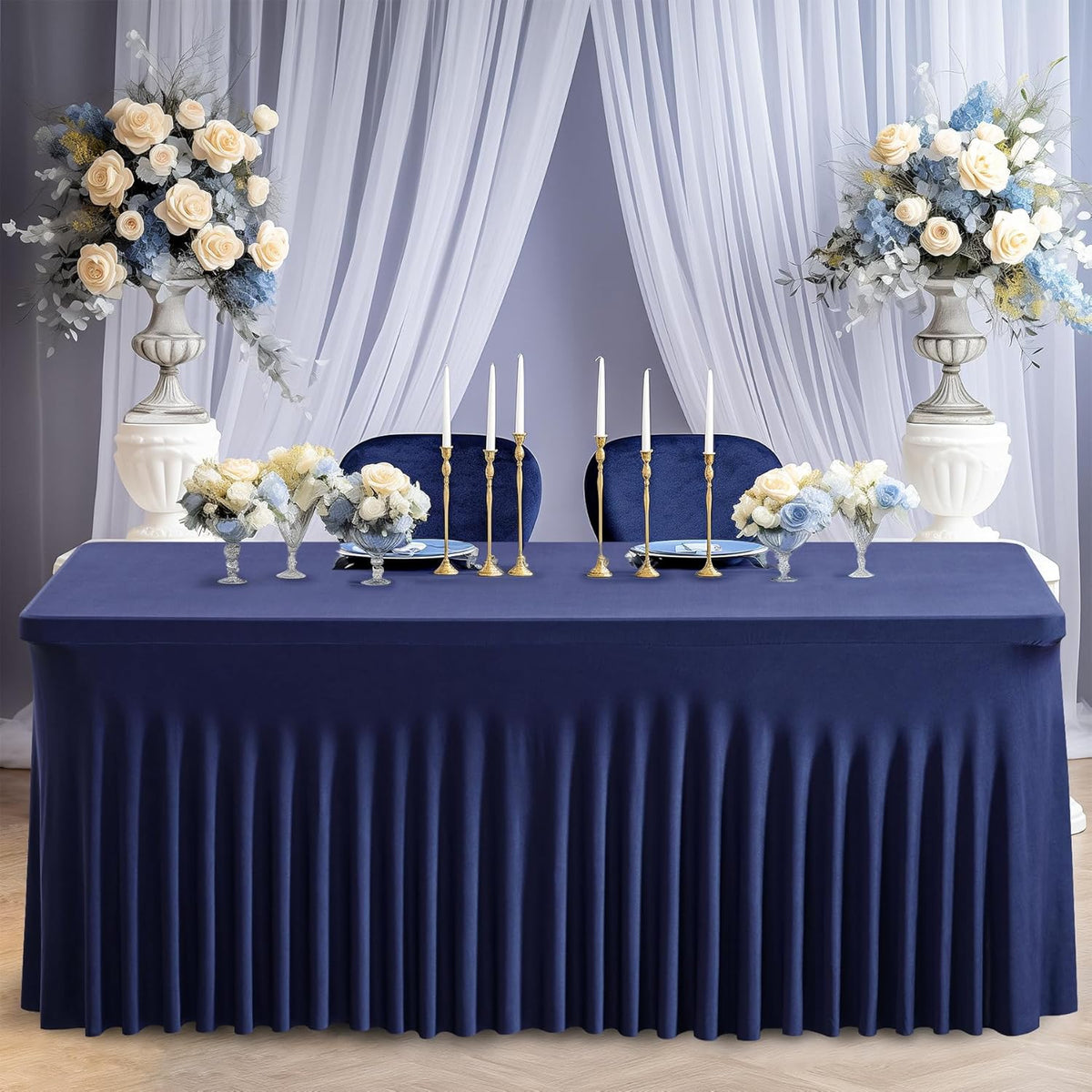 6 Pack Navy Blue Stretch Spandex Table Clothes for 6 Foot Rectangle Tables, 6FT Wrinkle Free Fitted Tablecloths Ruffles Design Table Cover for Party, Banquet, Wedding and Events