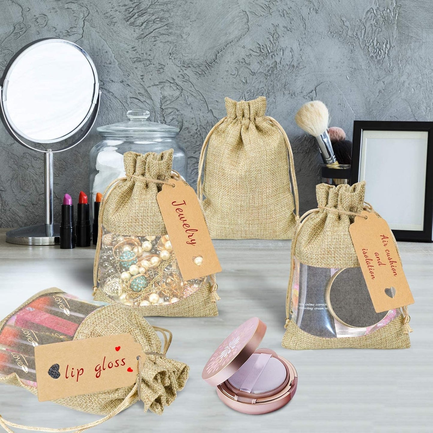 GIOIPC 20Pcs 5 x 7 Inch Linen Burlap Sheer Bags with Drawstring and Bonus Gift Tags for Wedding Birthday Bag,Craft Bags,Cosmetic Samples