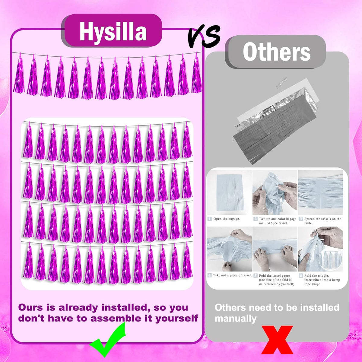 Hysilla Fuchsia Foil Fringe Metallic Tassel Streamers Banner Tassel Garland for Parade Floats, Bachelorette, Wedding, Birthday, Halloween, Christmas, Bridal/Baby Shower Party Decorations