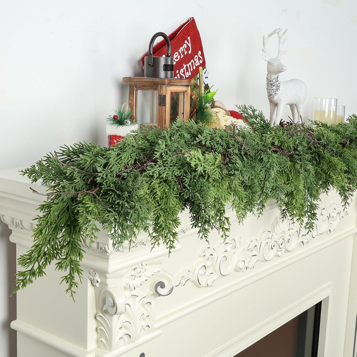 Artgar 16 Ft Christmas Garland - Cedar Garland - Cypress Garlands - Real Touch Pine Garlands - Garland Christmas Decorations for Home Dining Table Mantel Porch Winter Christmas Decor