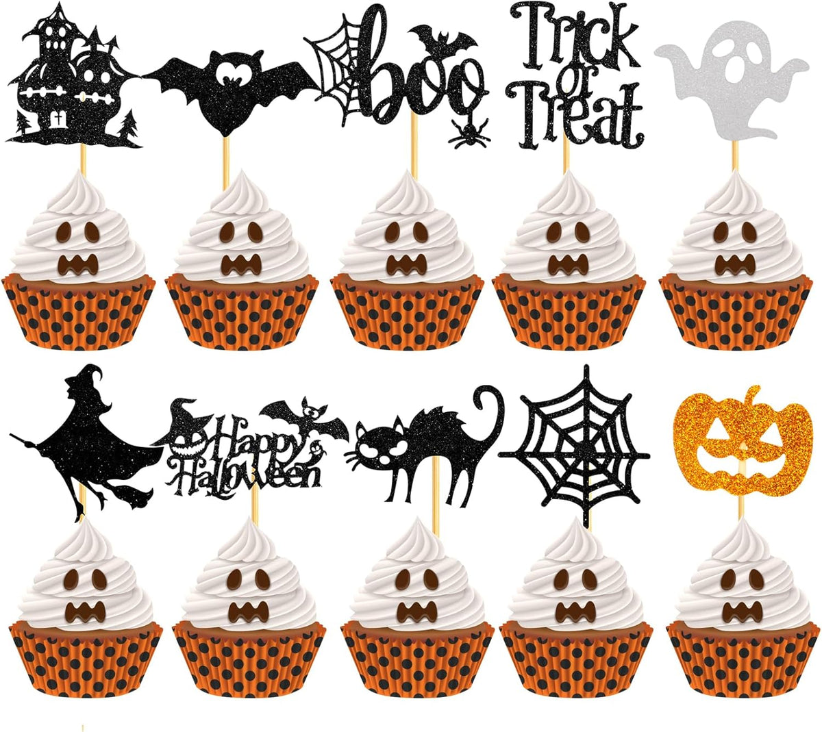 60Pcs Halloween Cupcake Toppers, Bat Pumpkin Ghost Cupcake Decorations for Halloween Party Supplies, Black Multi Style1