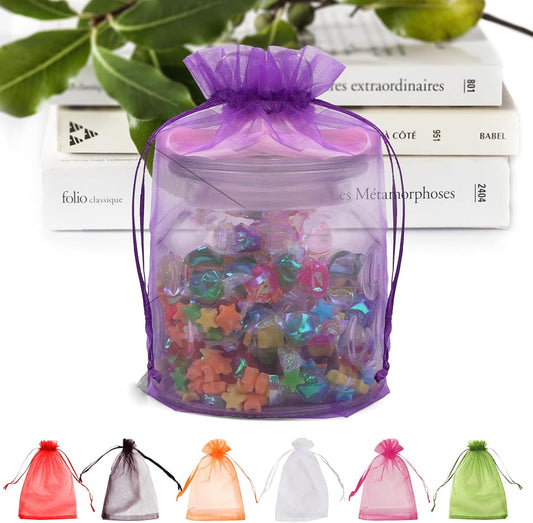 ANZNKU 100 Pack Premium Organza Bags 6x9 inches, Mesh Drawstring Bags for Halloween Gifts Sheer Organza Bag for Wedding Party Favor Christmas(Purple)