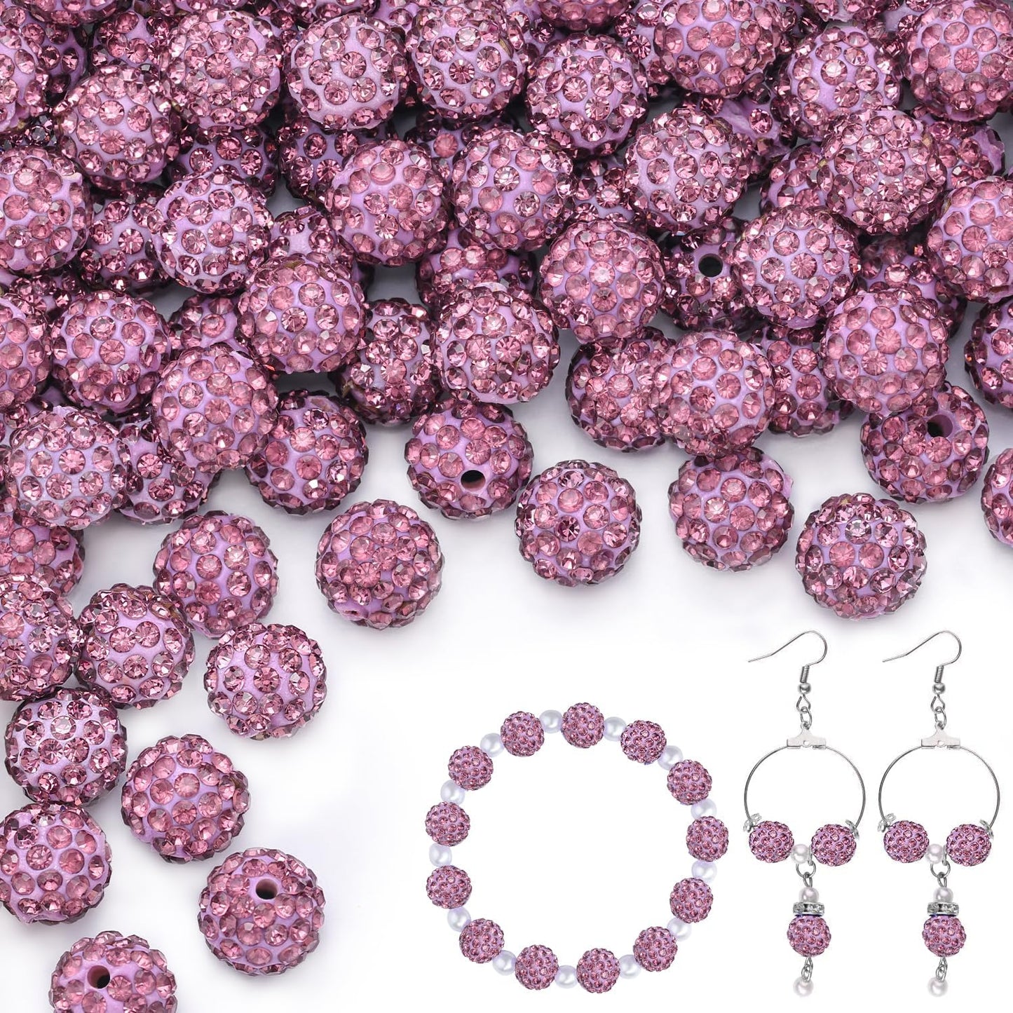 200pcs 10mm Light Purple Rhinestone Beads for Jewelry Making, Shiny Round Shamballa Disco Ball Beads, Sparkle Crystal Clay Christmas for Bracelet Baseball Necklace Earring Crafting and DIY