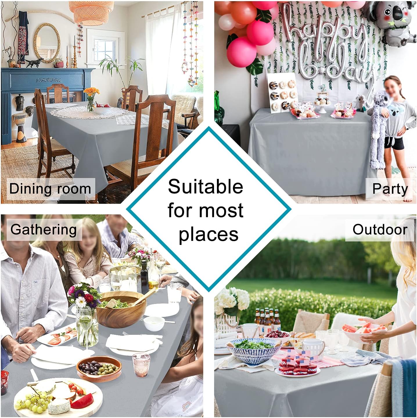 Hiasan Silver Grey Rectangle Tablecloth - Waterproof and Spillproof Washable Fabric Table Cloth for Dining Room Kitchen Party and Outdoor, 60 x 140 Inch