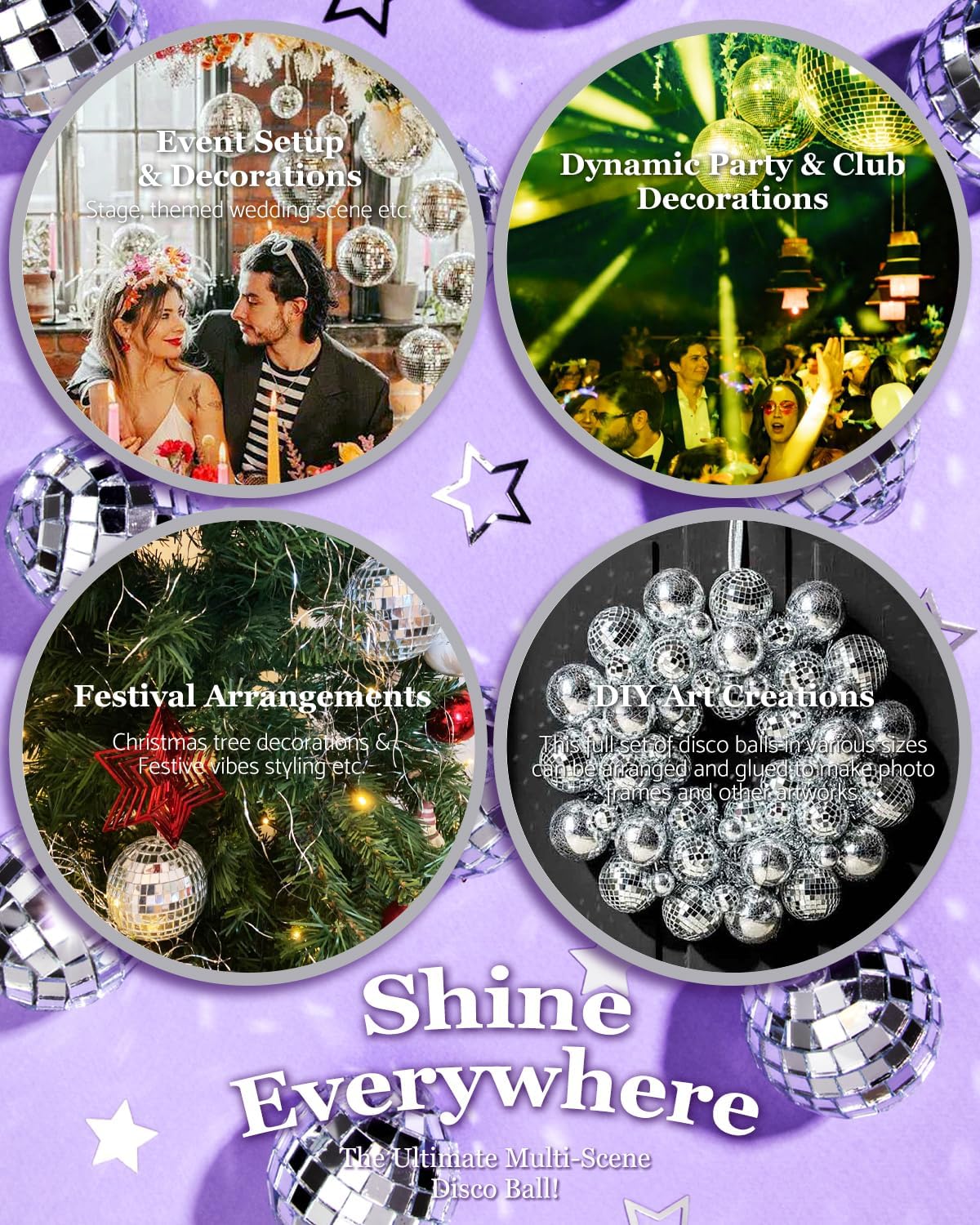 54PCS Mirror Disco Balls Set with 10m Fishing Line – Assorted Sizes Hanging Mini Silver Balls for Party, Wedding, Cake Toppers, Room & Classroom Decor