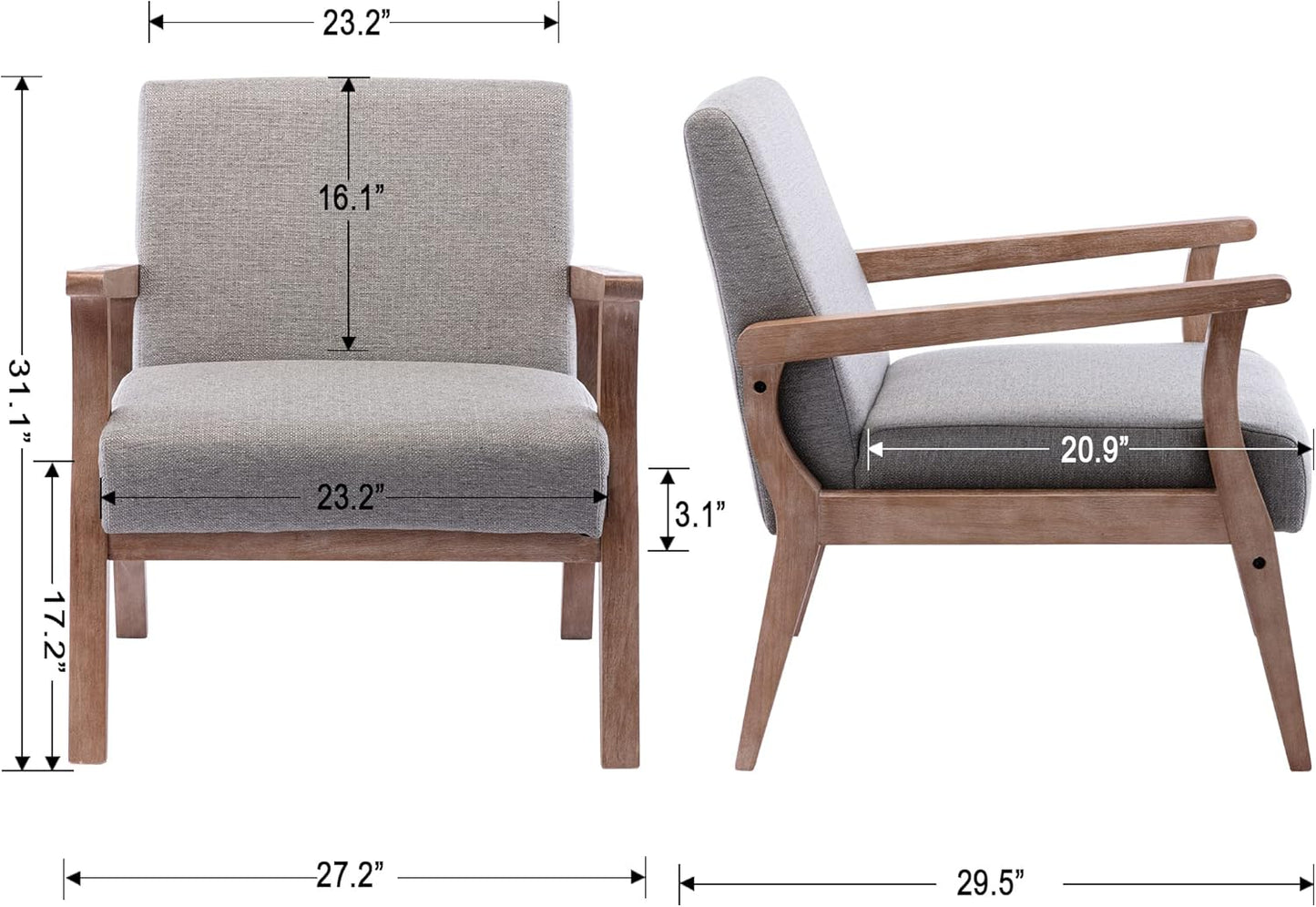Mid Century Modern Accent Chair Set of 2, Linen Upholstered Living Room Accent Armchair with Wood Frame, Farmhouse Chair for Living Room Bedroom, Gray