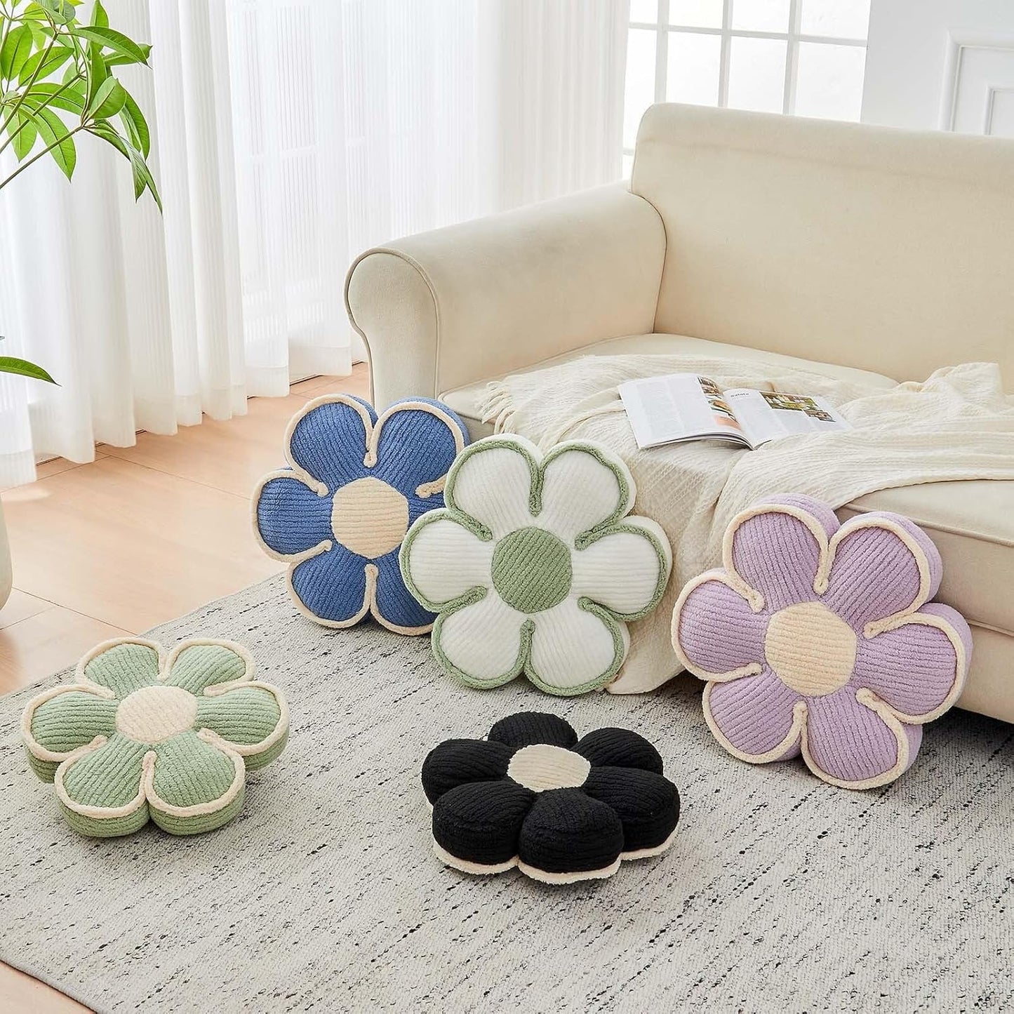 Flower Pillow, Soft Flower Decorative Throw Pillow, Cute Daisy Flower Shaped Seating Floor Cushion Room Décor Plush Pillows for Sofa Couch Bed (13.7 Inch, Sage Green)