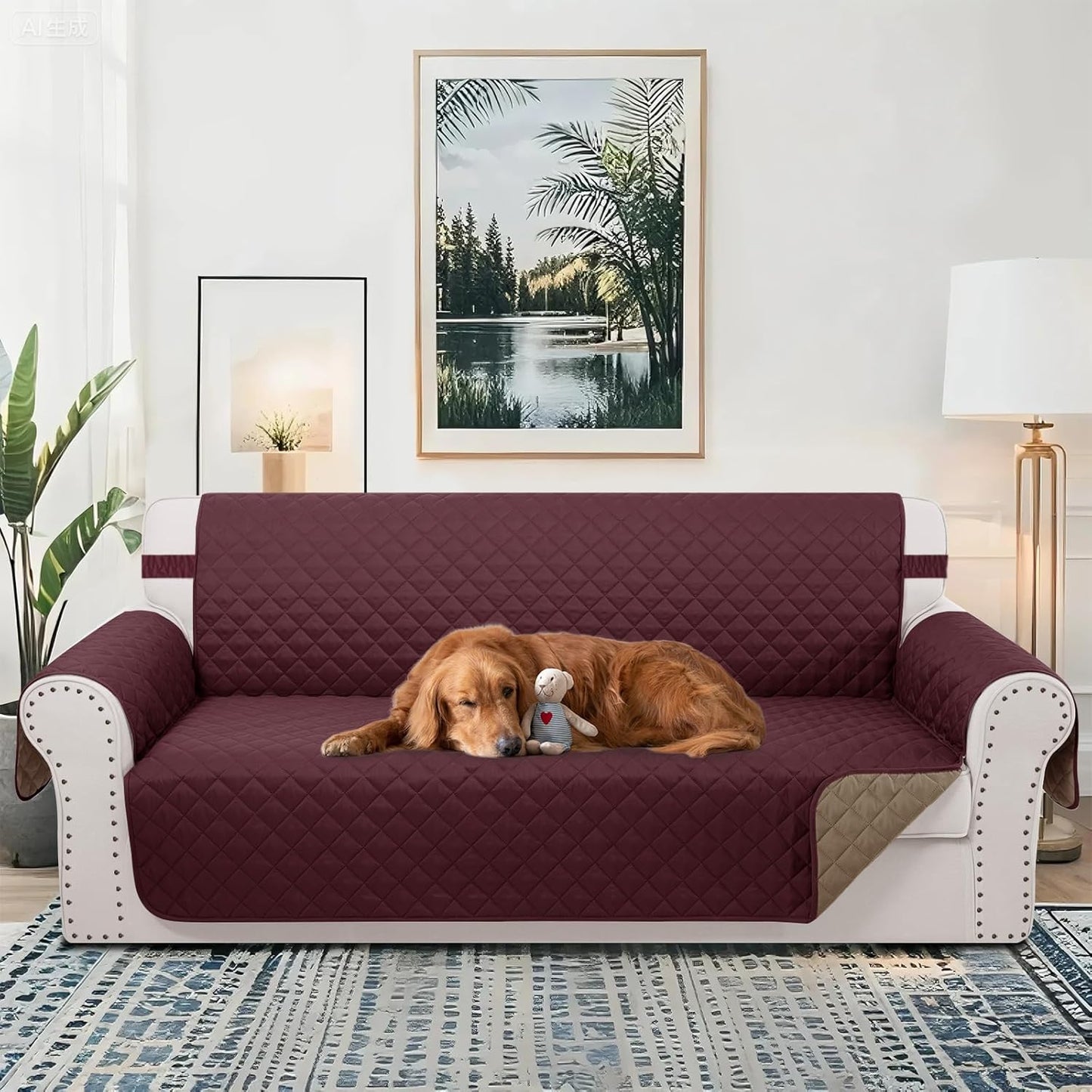 Reversible 4 Seater Sofa Cover 91 Inch Large Couch Cover Furniture Protector(Sofa XX-Large,Burgundy/Camel)