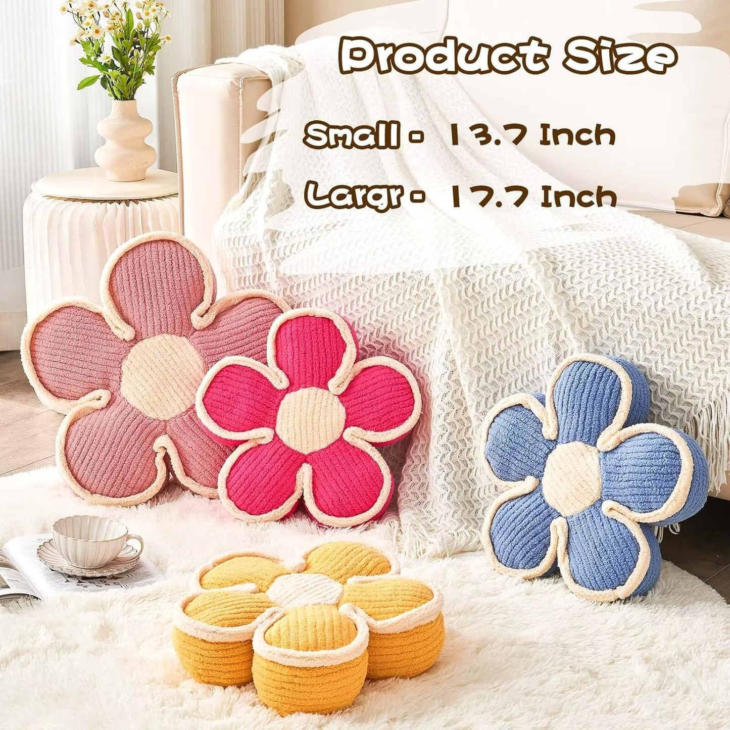 Flower Pillow, Soft Shaped Floor Cushion, Decorative Throw Pillow, Cute Seating Cushion, Room Decor Plush Pillows for Sofa Couch Bed (13.7 Inch, Blue)