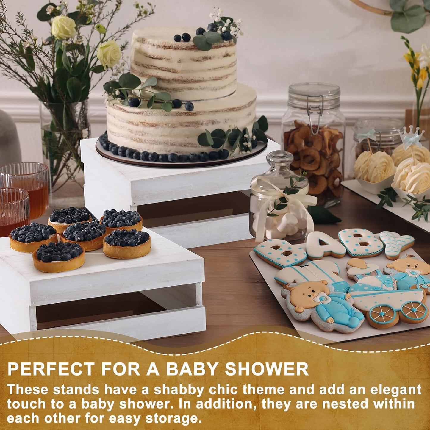 Sieral 4 Pieces Wood Cupcake Display Stand Decorative Dessert Appetizer Cake Stand Risers Wooden Crate Rustic Cake Risers for Storage for Party Christmas Halloween Wedding Decor(Vintage White)