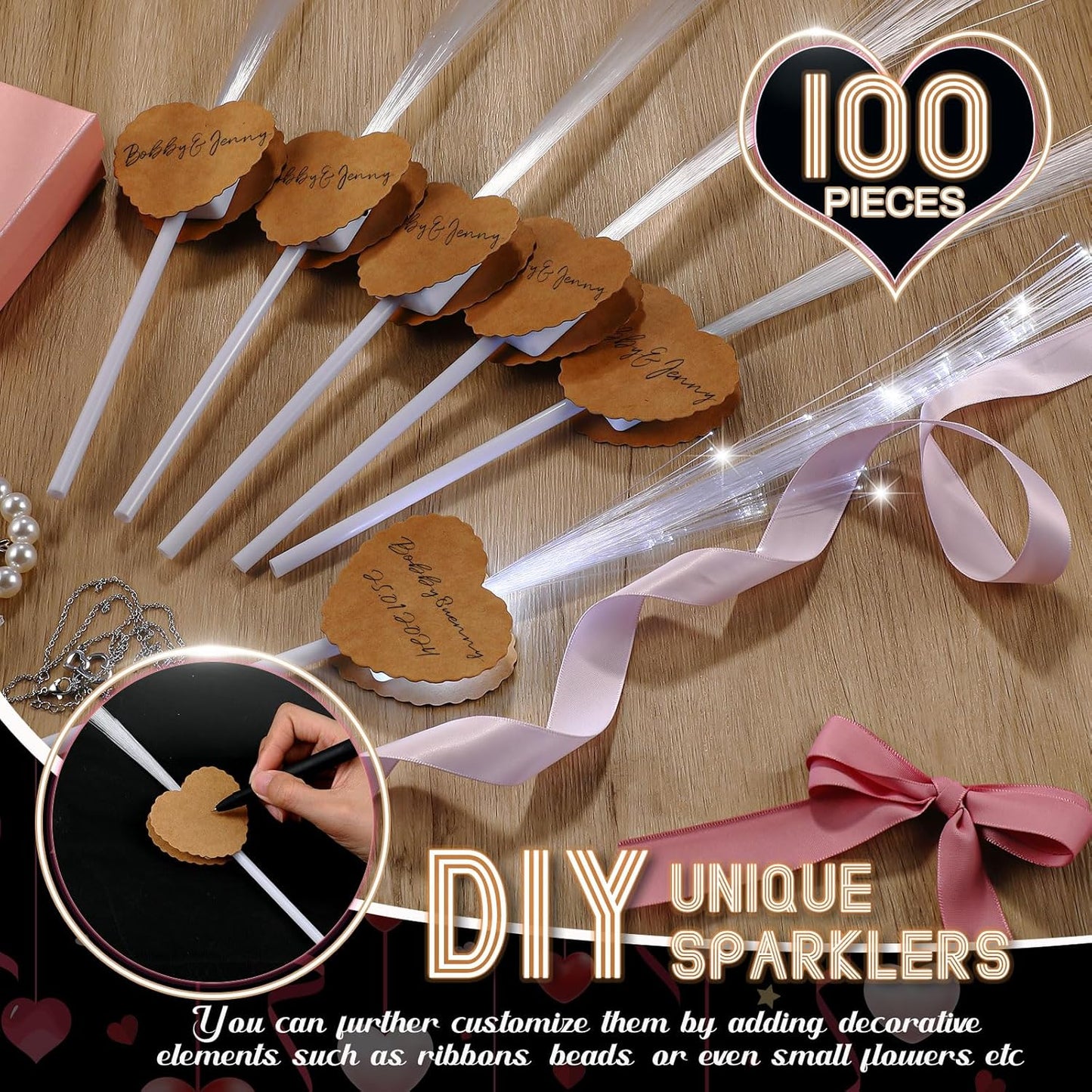 100 Pcs Wedding Sparklers Heart Shaped LED Glow Sticks Fiber Optic Wands Light up Wand with 3 Light Mode for Wedding Bridal Shower Birthday Glow in the Dark Party Supplies (Brown)