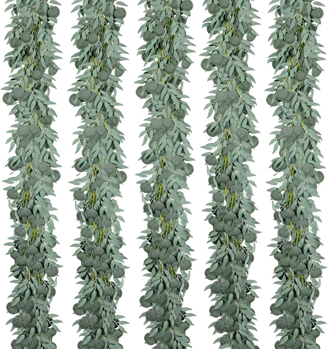 Kisflower 5 Pack 6.56FT Green Eucalyptus Garland for Decoration Table with Willow Leaves Greenery Garland Fake Hanging Plants Vines for Wedding Arch Decor Party Room Home Garden Office Wall Decor