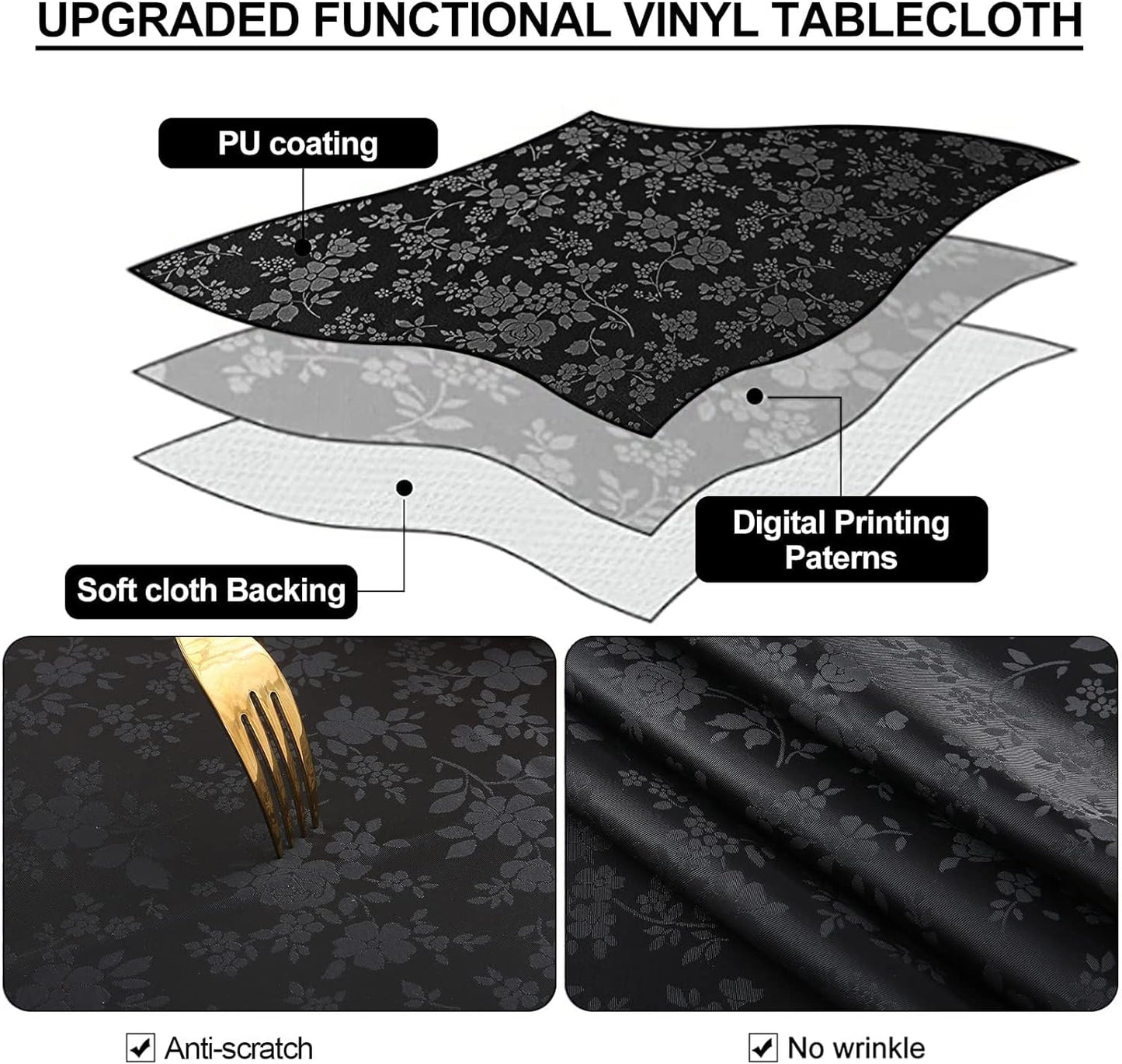 Smiry Rectangle Table Cloth, Waterproof Heavy Duty Vinyl Tablecloths, Wipeable Washable Table Cover for Kitchen and Dining Room (Black, 60" X 84")